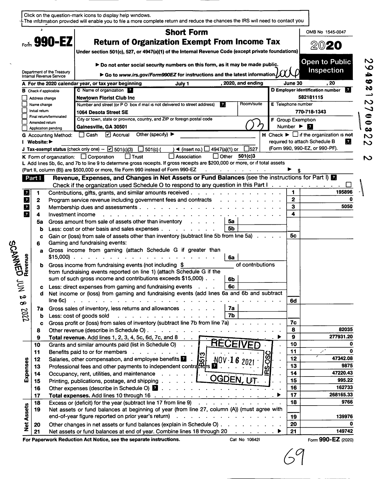 Image of first page of 2019 Form 990EZ for Newtown Florist Club