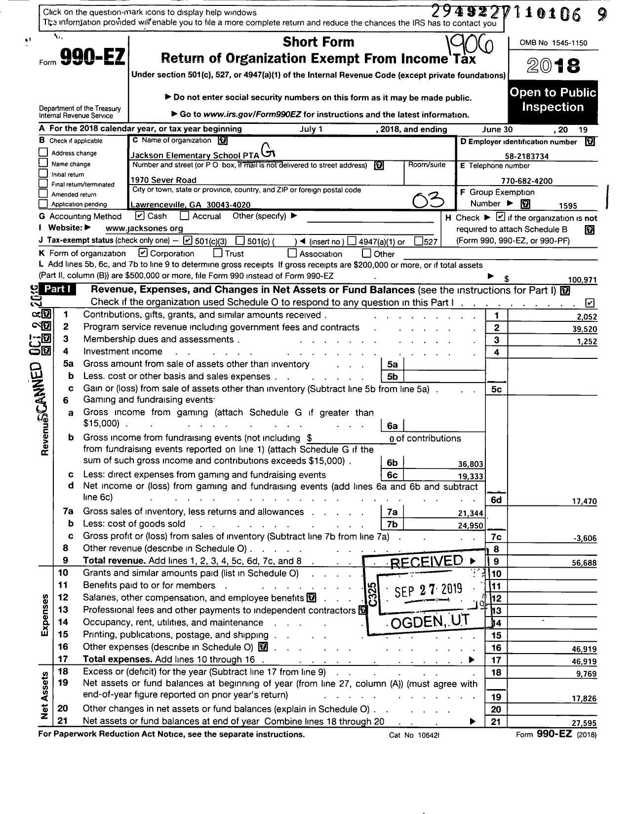 Image of first page of 2018 Form 990EZ for Georgia PTA - Jackson Es PTA