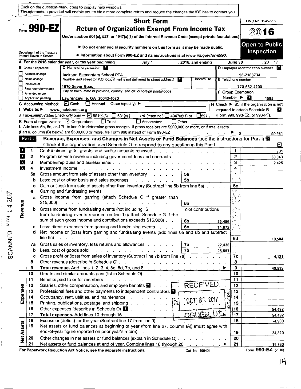 Image of first page of 2016 Form 990EZ for Georgia PTA - Jackson Es PTA