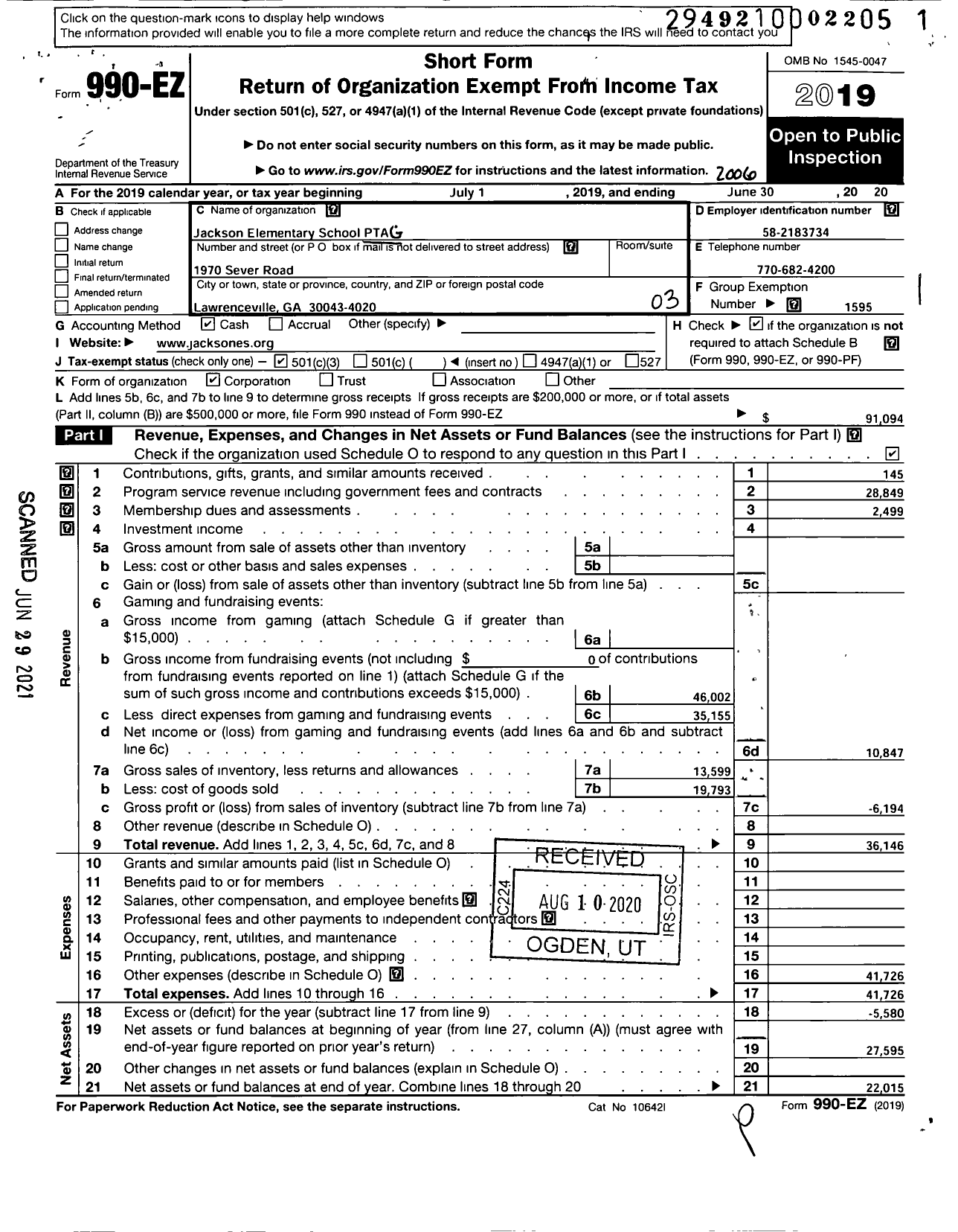 Image of first page of 2019 Form 990EZ for Georgia PTA - Jackson Es PTA