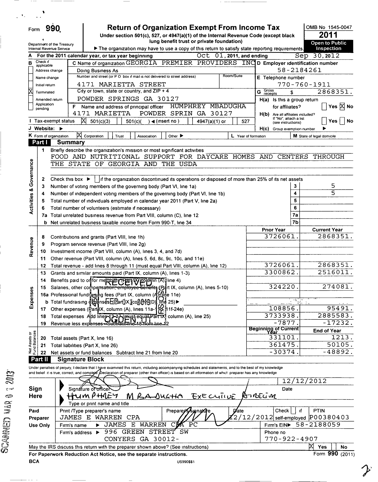 Image of first page of 2011 Form 990 for Georgia Premier Provider