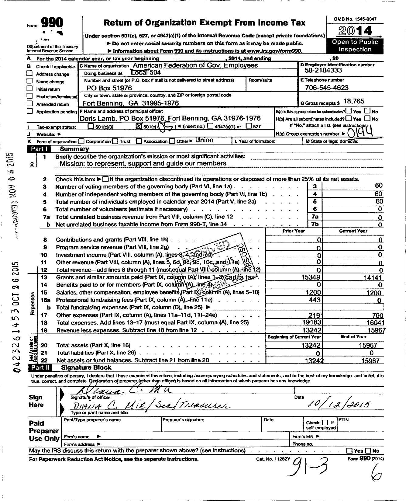 Image of first page of 2014 Form 990O for American Federation of Government Employees - 0504 Afge Local