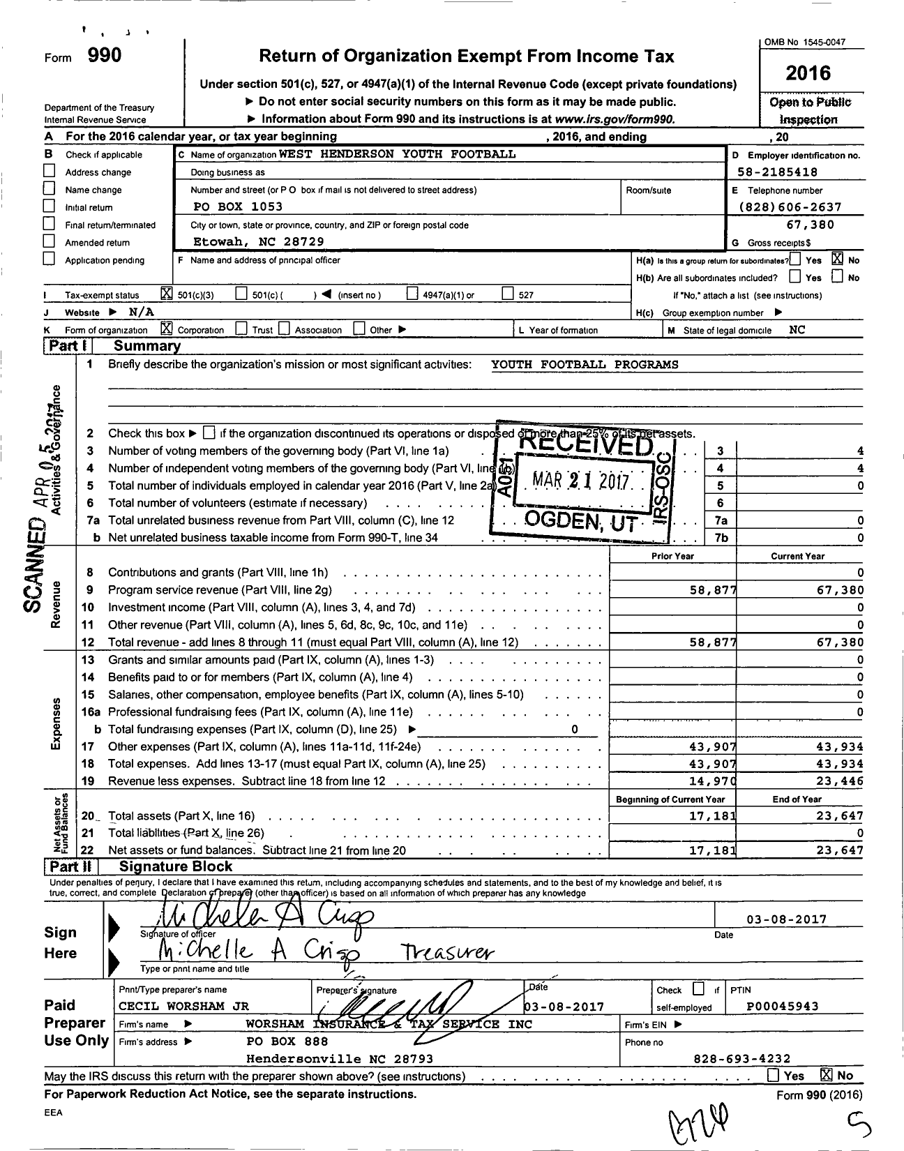 Image of first page of 2016 Form 990 for West Henderson Youth Football Association