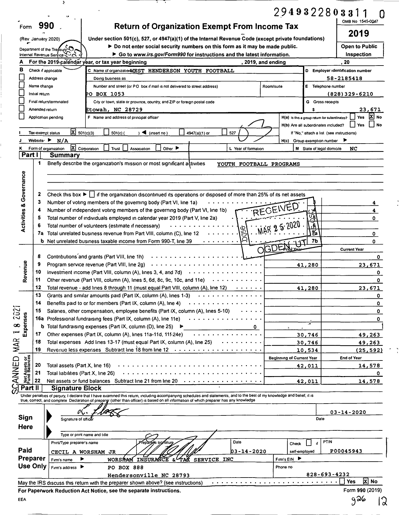 Image of first page of 2019 Form 990 for West Henderson Youth Football Association