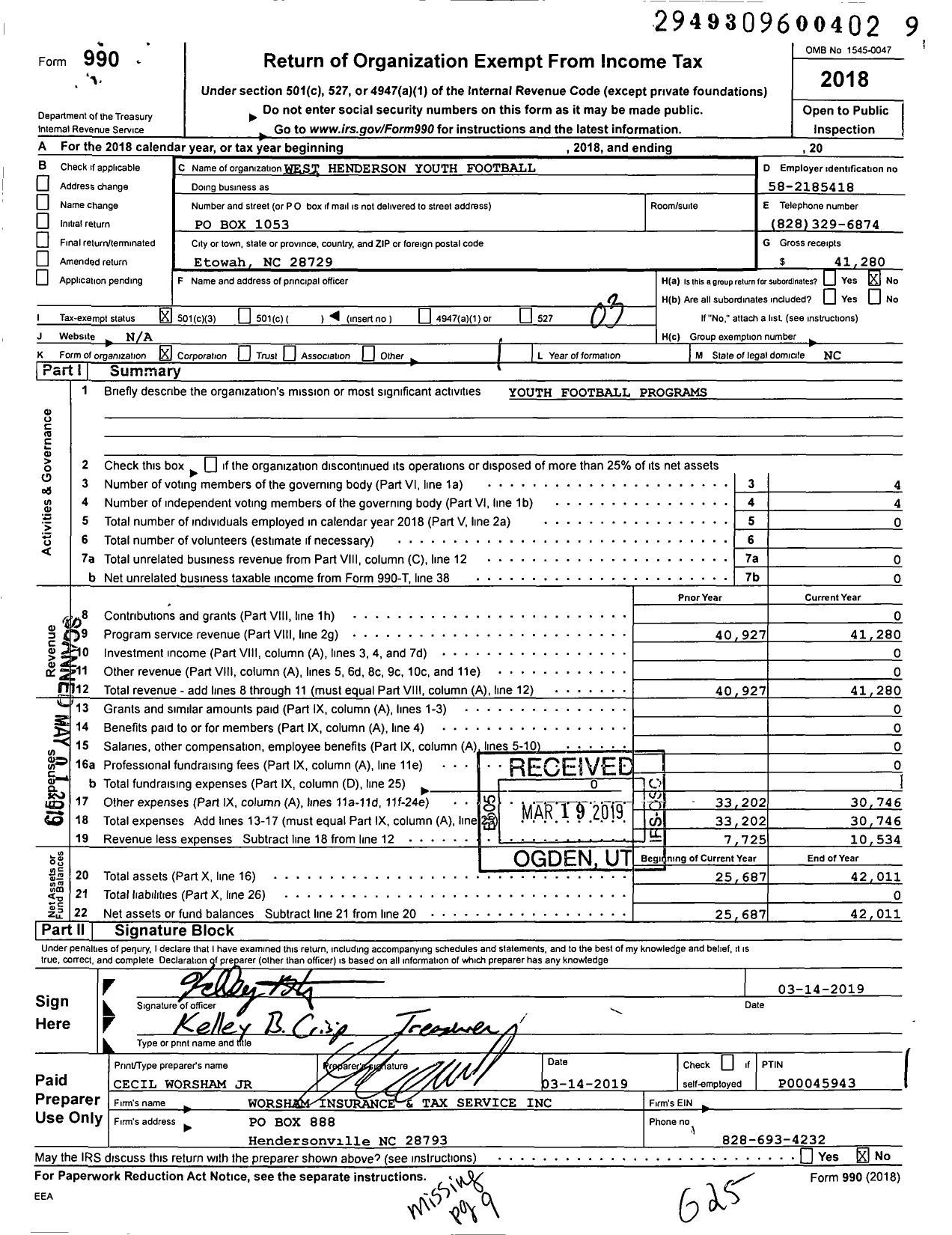 Image of first page of 2018 Form 990 for West Henderson Youth Football Association