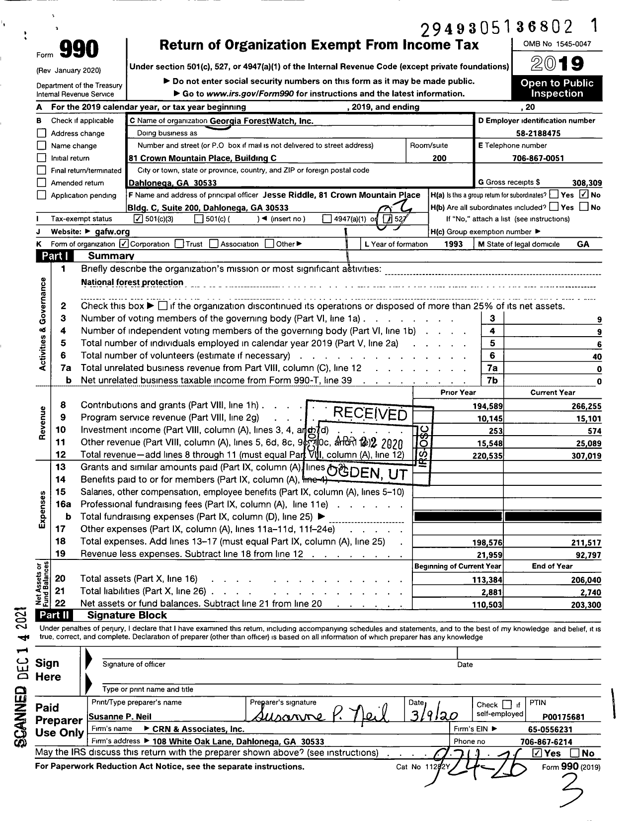 Image of first page of 2019 Form 990 for Georgia Forestwatch