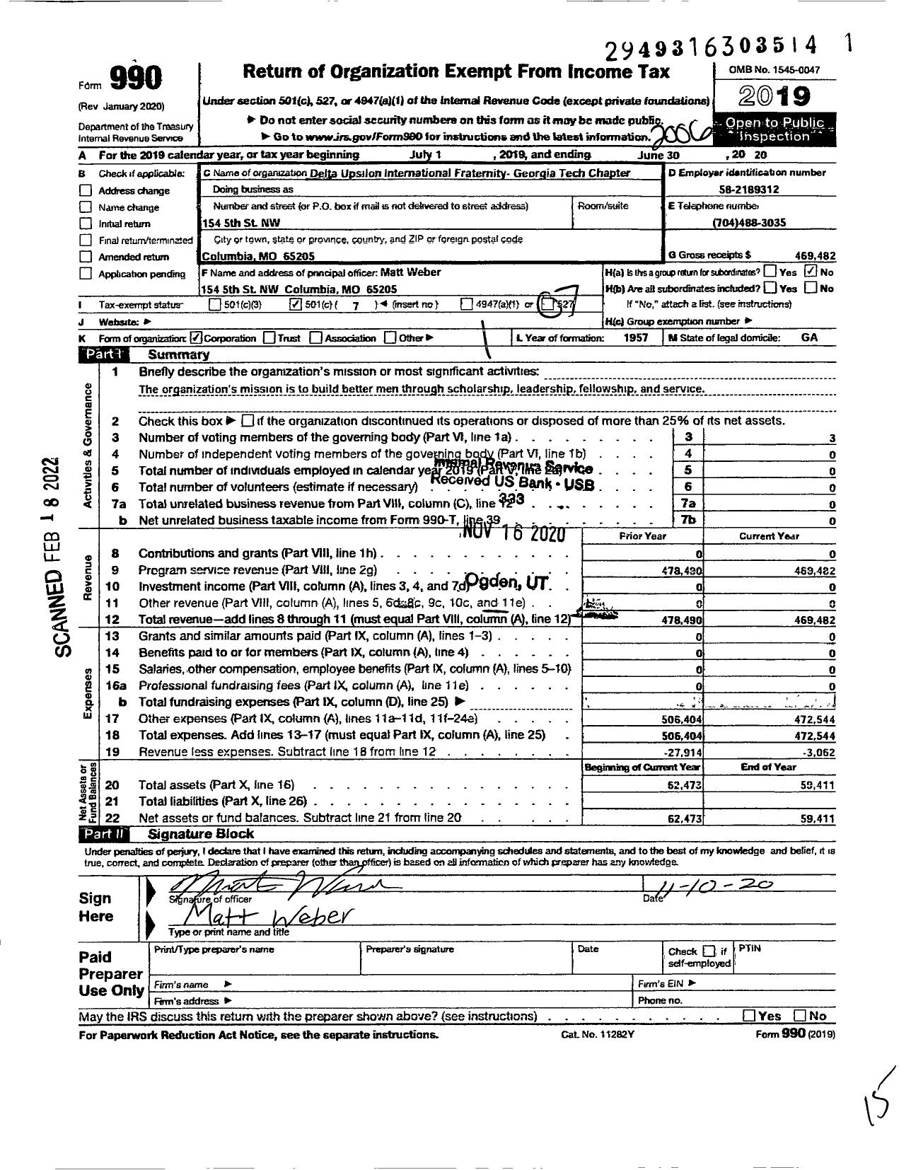 Image of first page of 2019 Form 990O for Delta Upsilon International Fraternity