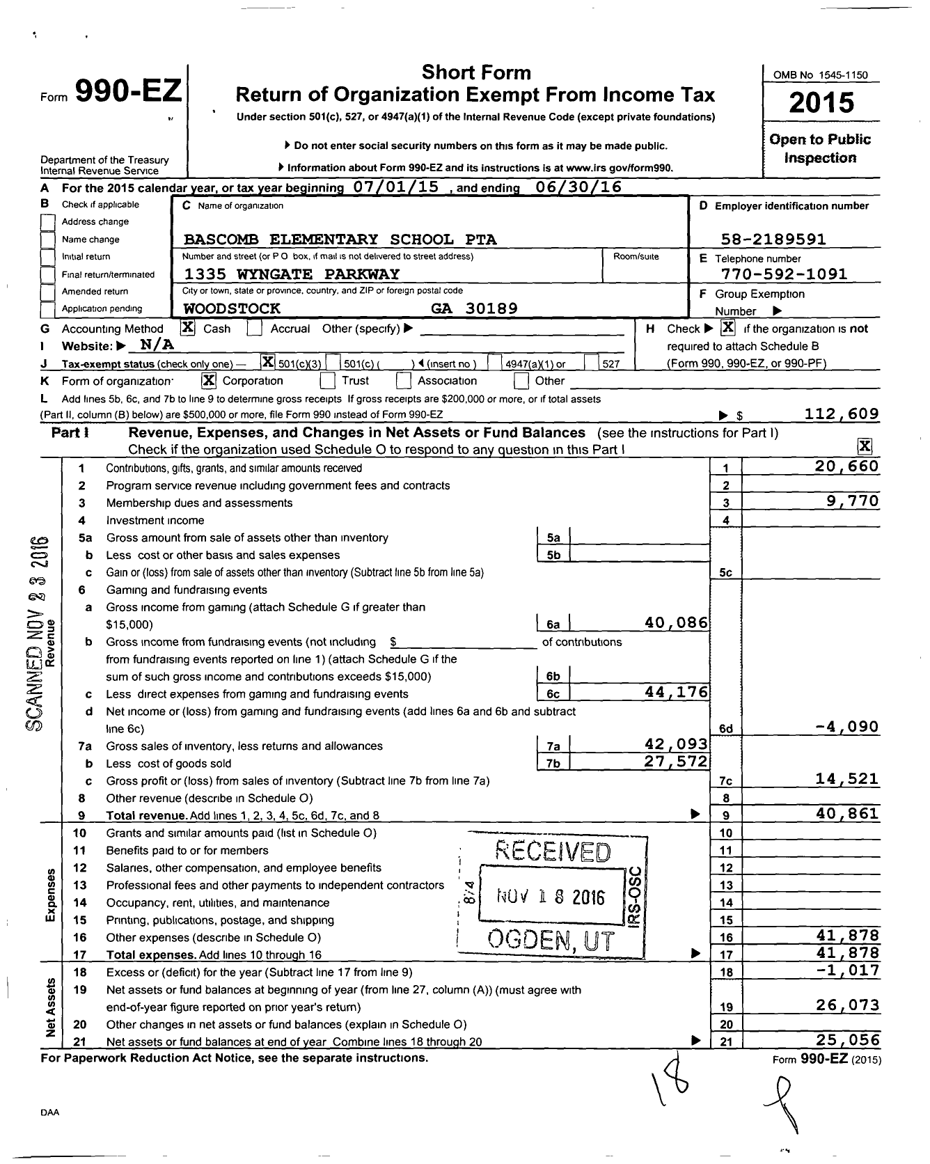 Image of first page of 2015 Form 990EZ for GEORGIA PTA - Bascomb ES PTA