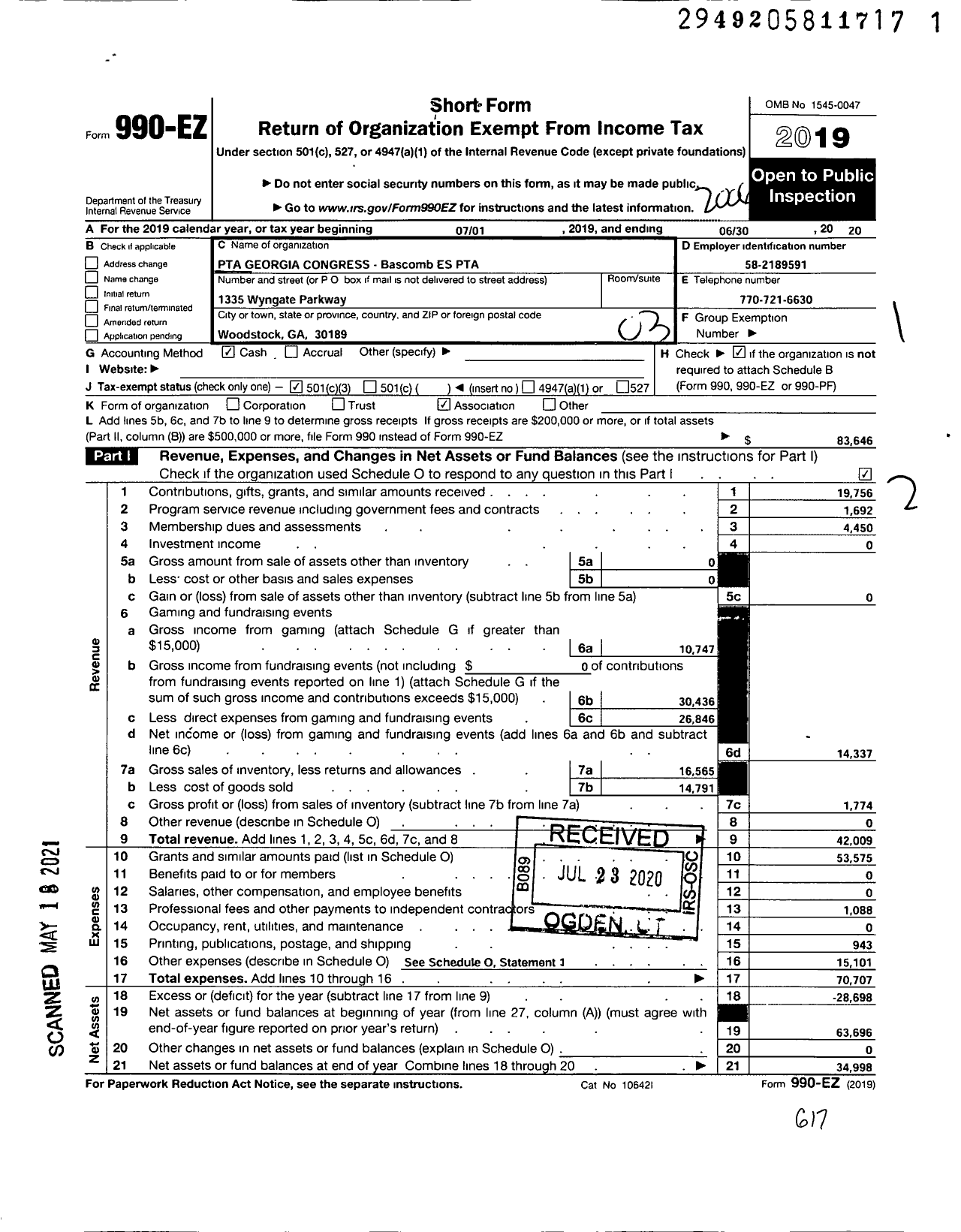 Image of first page of 2019 Form 990EZ for GEORGIA PTA - Bascomb ES PTA