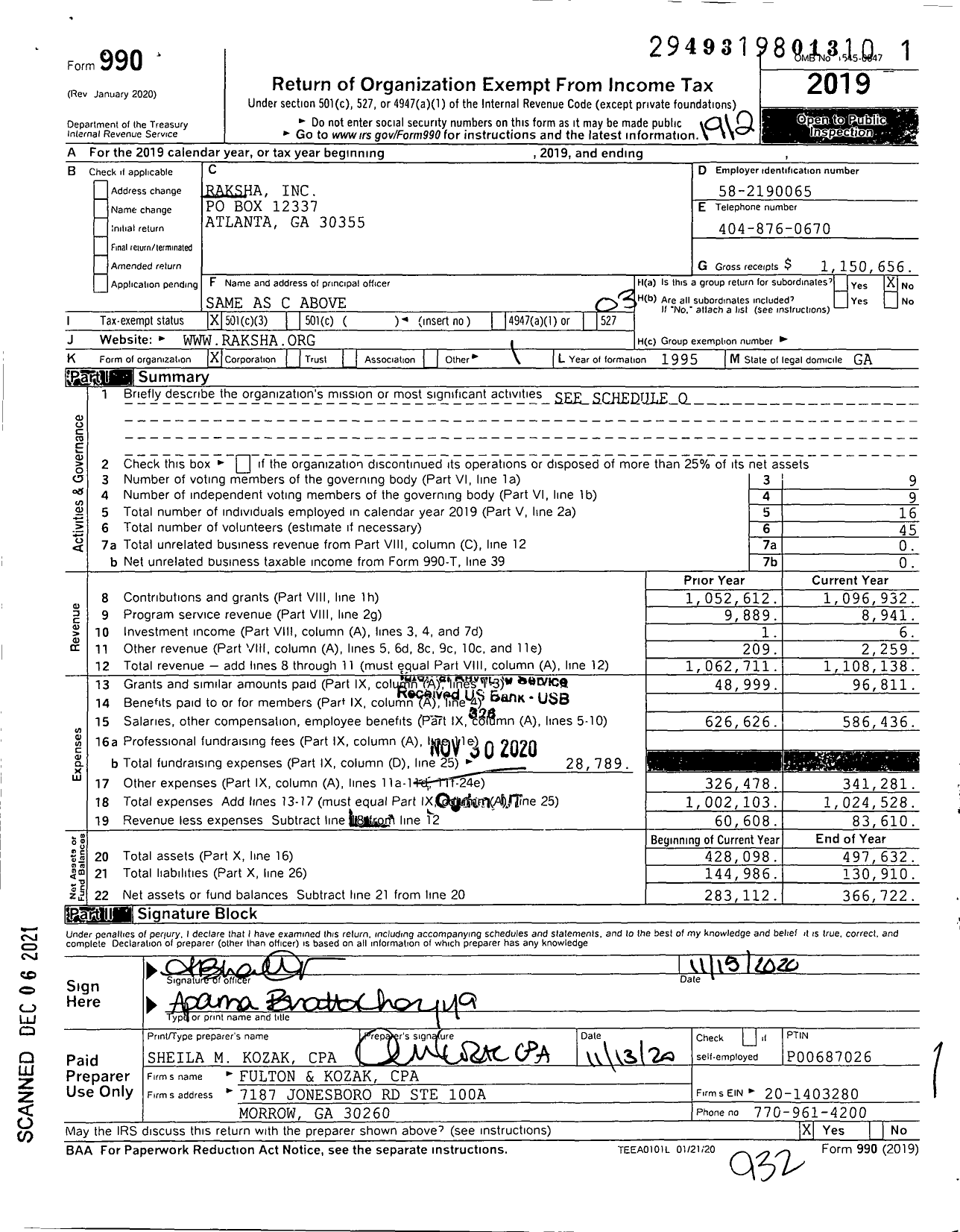 Image of first page of 2019 Form 990 for Raksha