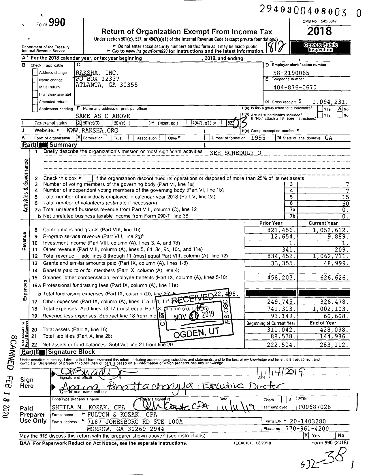 Image of first page of 2018 Form 990 for Raksha