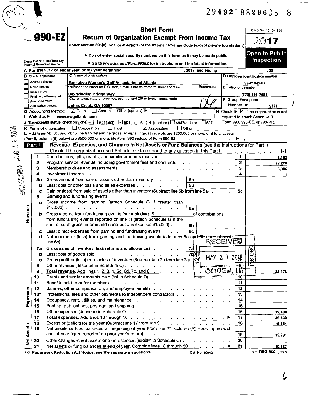 Image of first page of 2017 Form 990EO for Excutive Womens Golf Association / Lpga Women Who Play-Atlanta Ga Inc