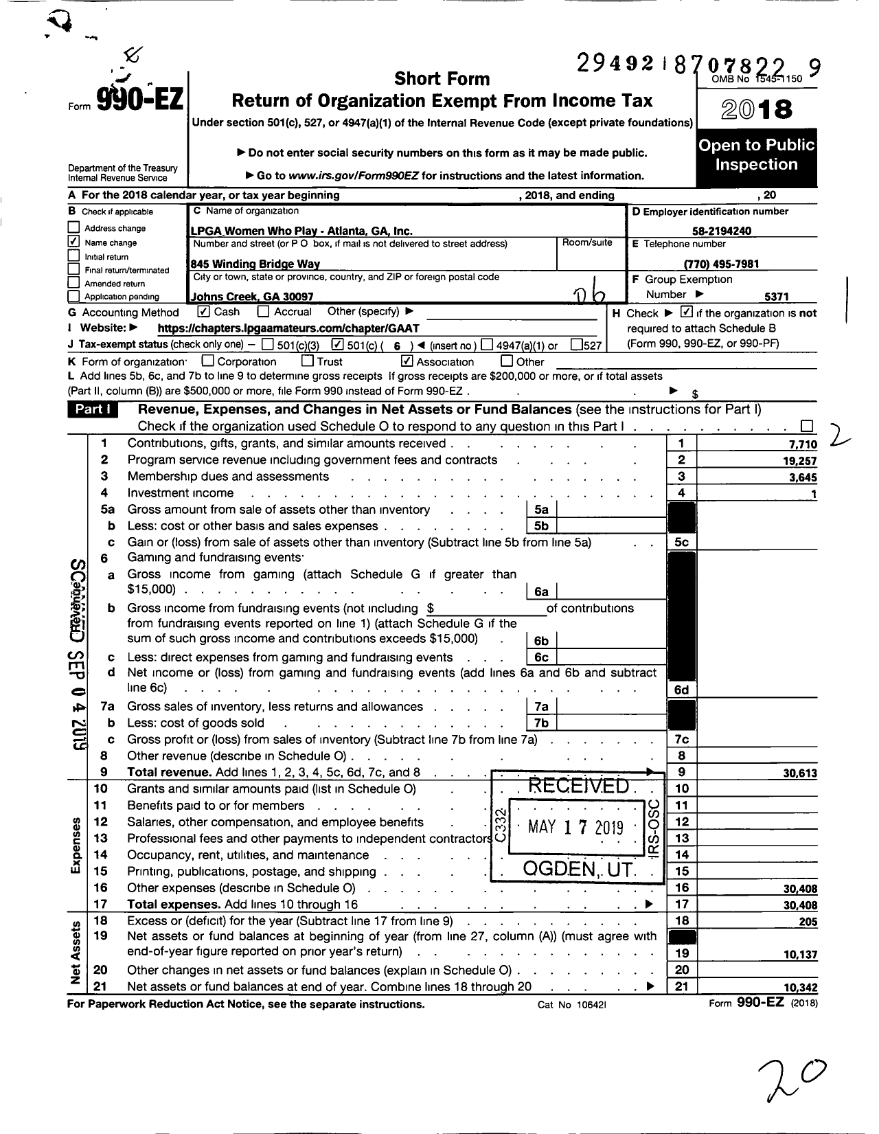 Image of first page of 2018 Form 990EO for Excutive Womens Golf Association / Lpga Women Who Play-Atlanta Ga Inc