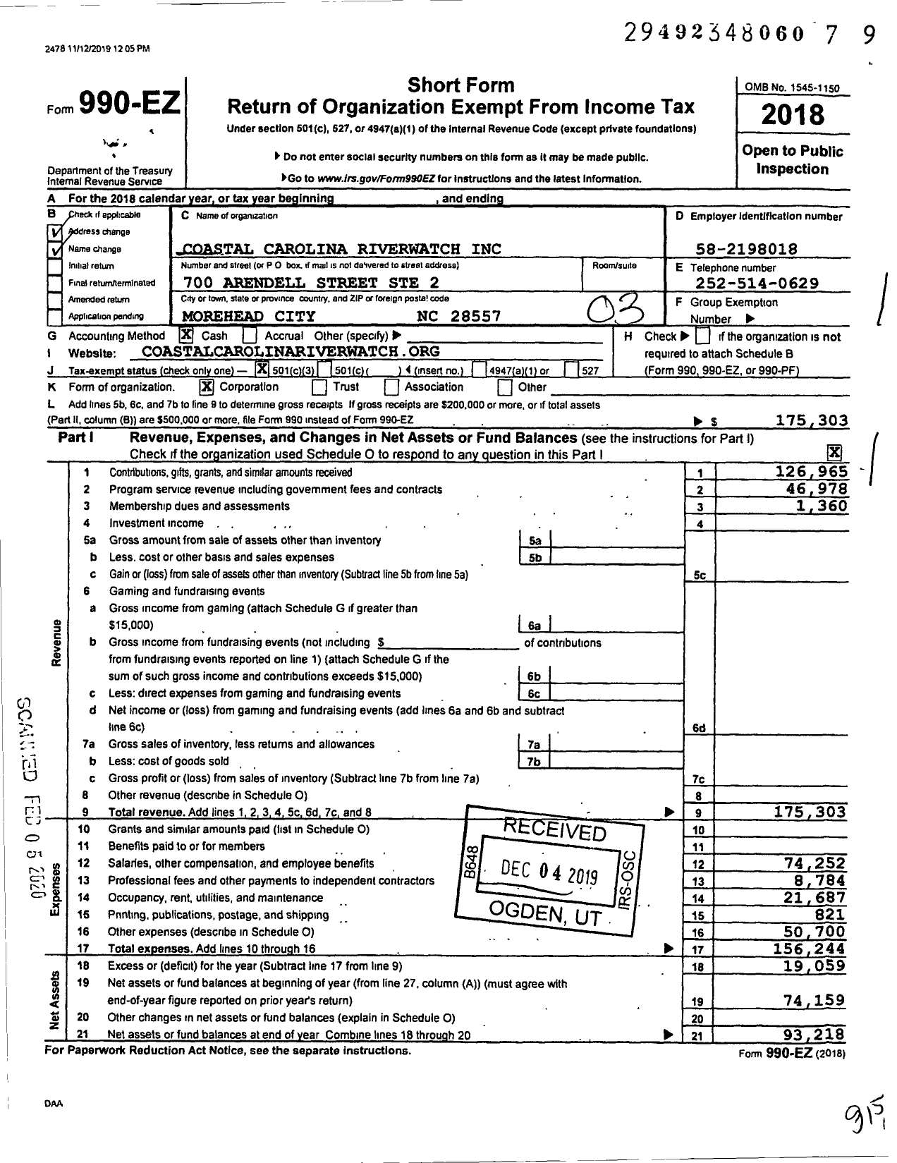 Image of first page of 2018 Form 990EZ for Coastal Carolina Riverwatch