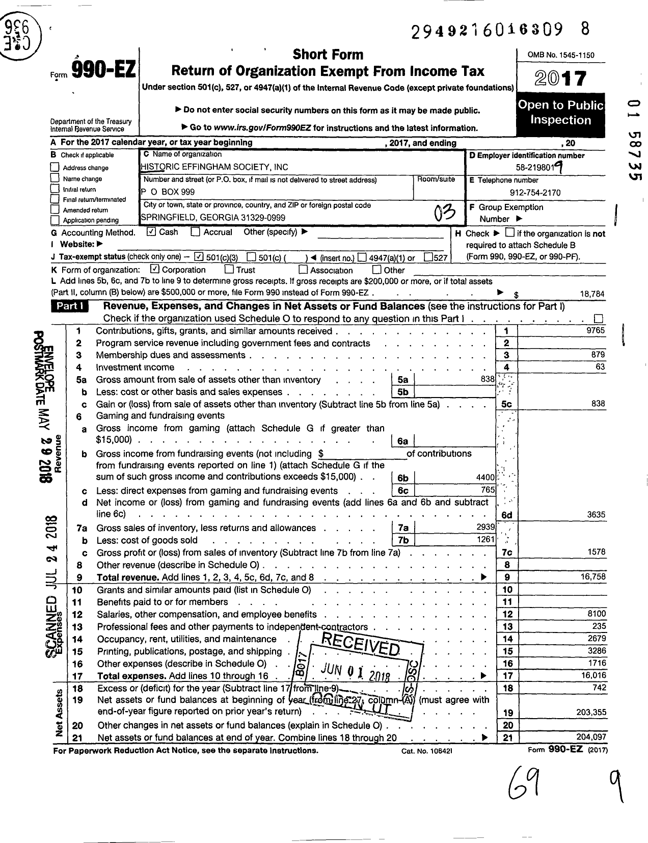Image of first page of 2017 Form 990EZ for Historic Effingham Society