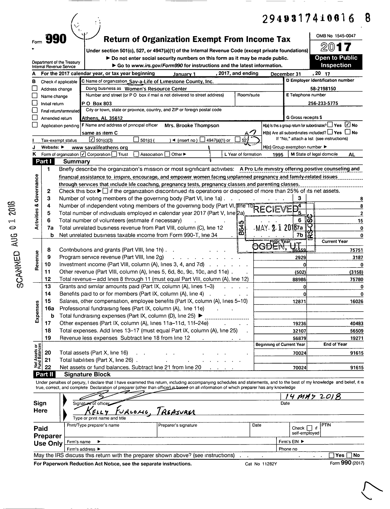 Image of first page of 2017 Form 990 for Women's Resource Center / Sav A Life of Limestone County Inc