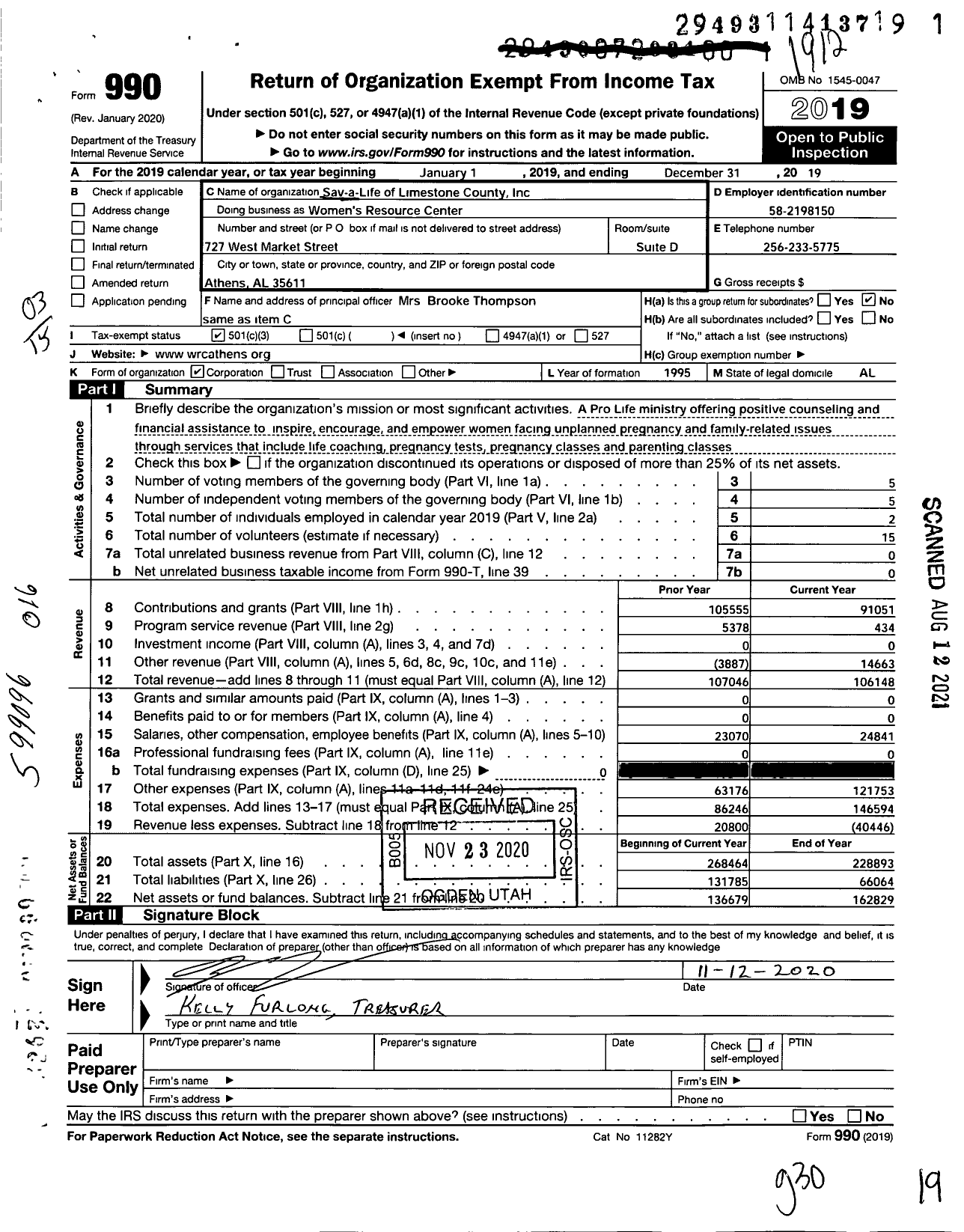 Image of first page of 2019 Form 990 for Women's Resource Center / Sav A Life of Limestone County Inc