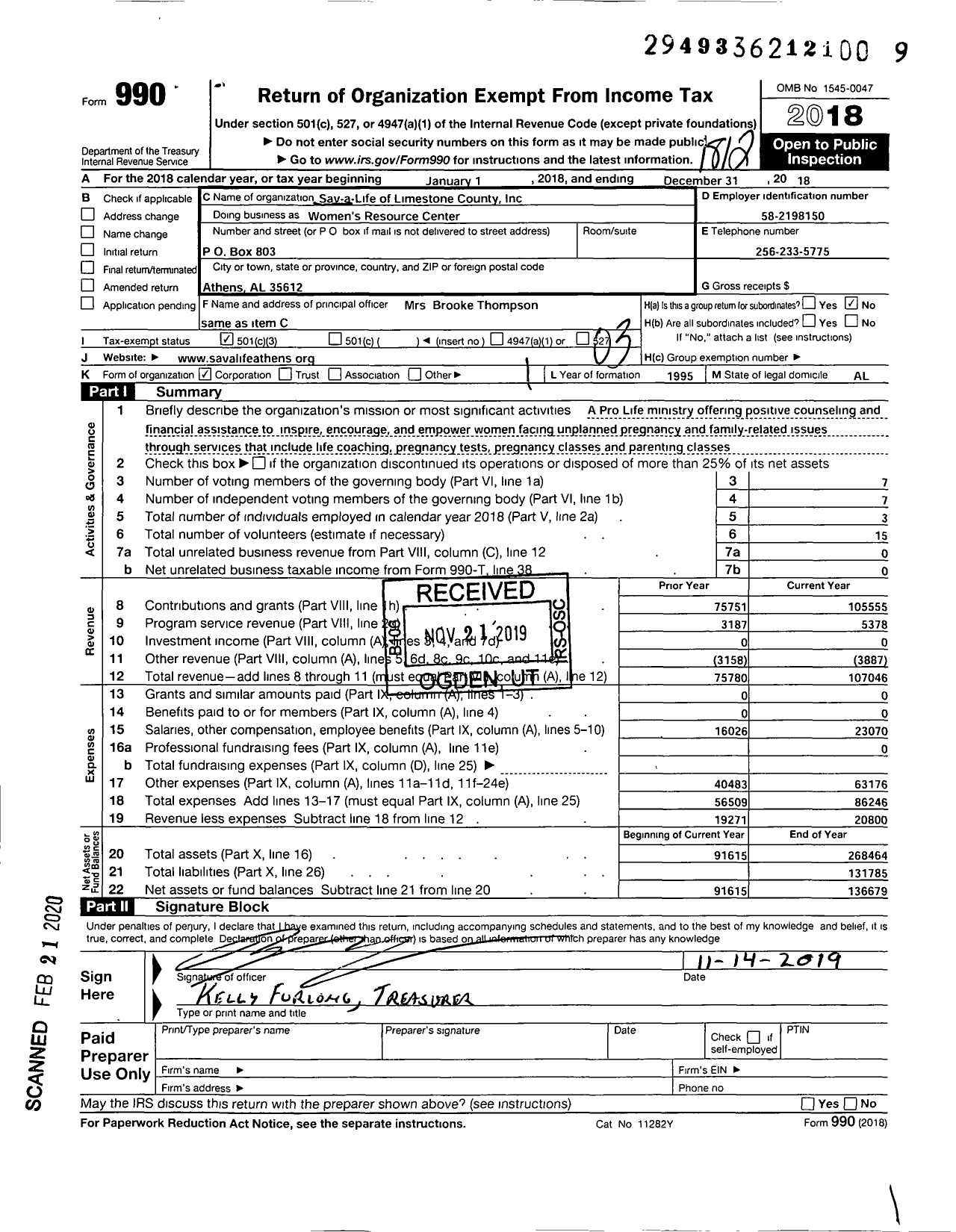 Image of first page of 2018 Form 990 for Women's Resource Center / Sav A Life of Limestone County Inc