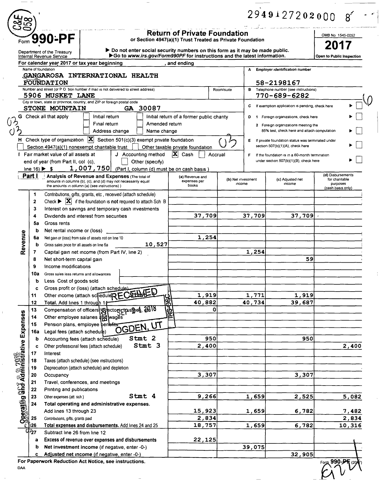 Image of first page of 2017 Form 990PF for Gangarosa International Health Foundation