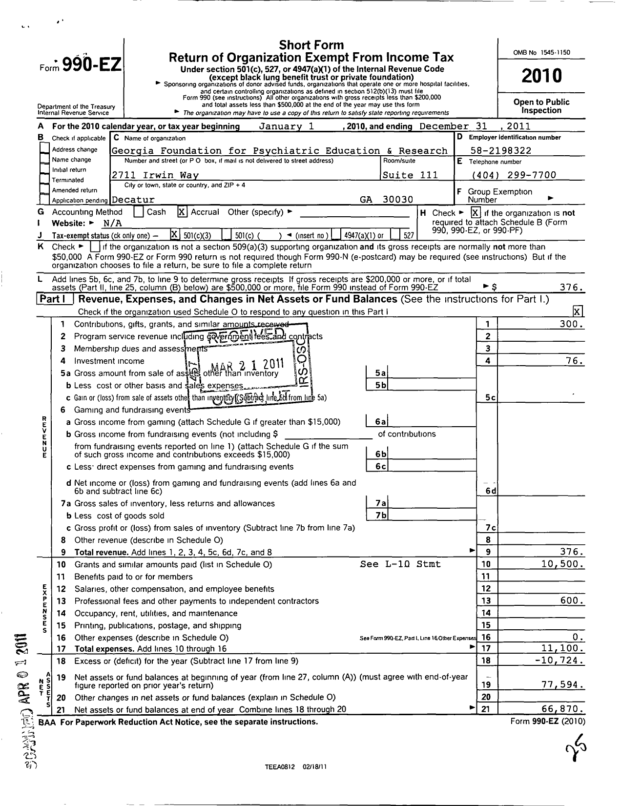 Image of first page of 2011 Form 990EZ for Georgia Foundation for Psychiatric Education