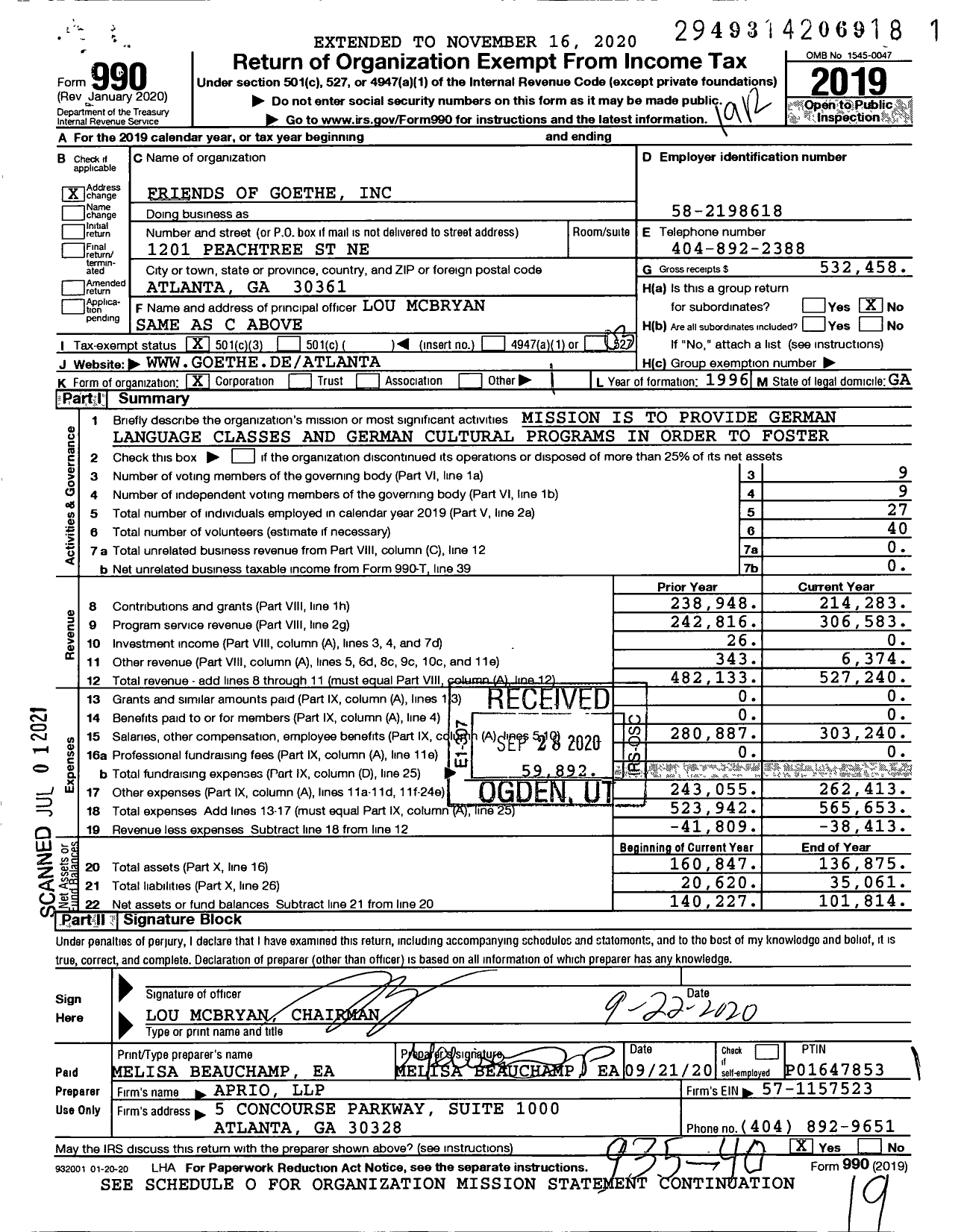 Image of first page of 2019 Form 990 for Friends of Goethe