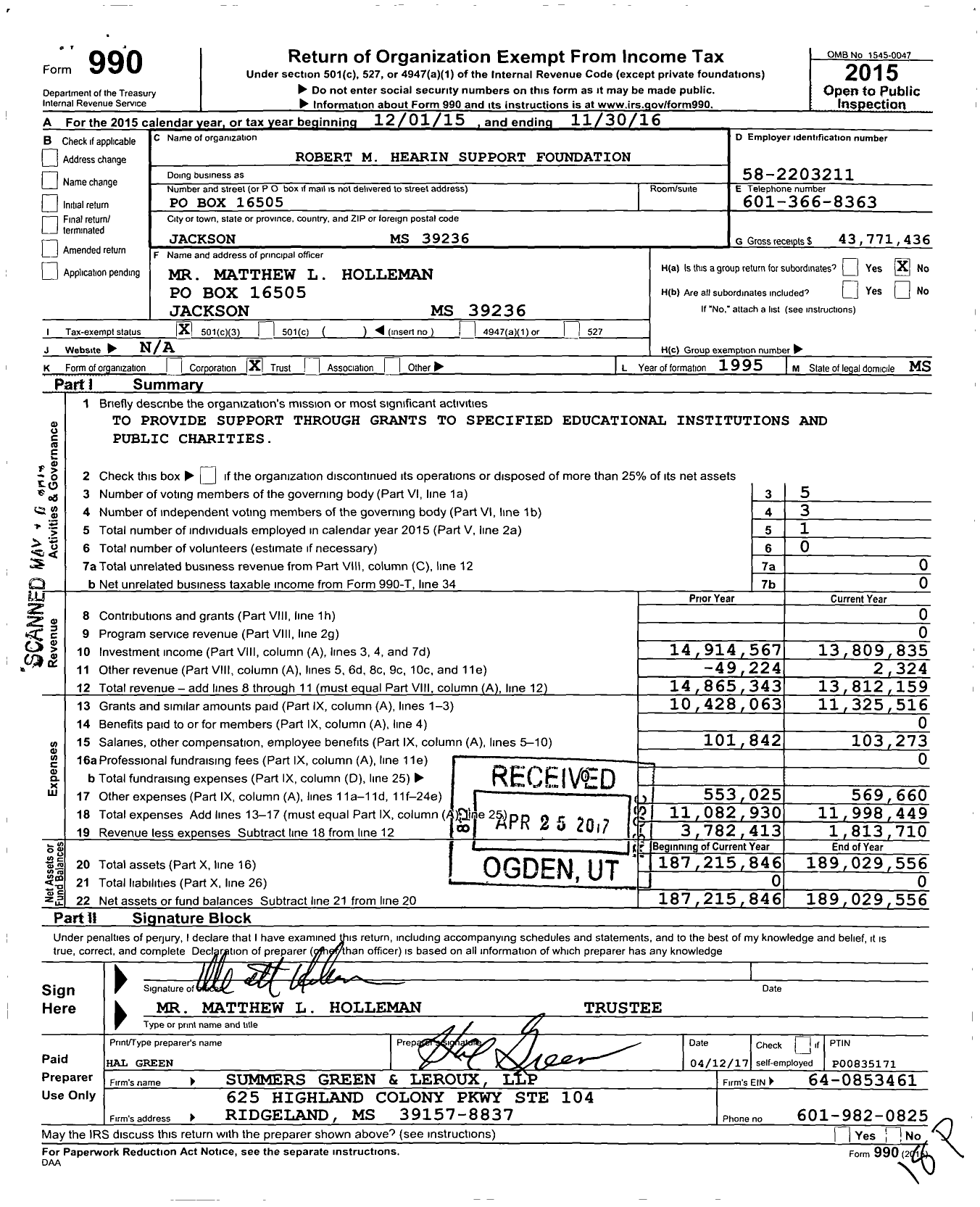Image of first page of 2015 Form 990 for Robert M. Hearin Support Foundation