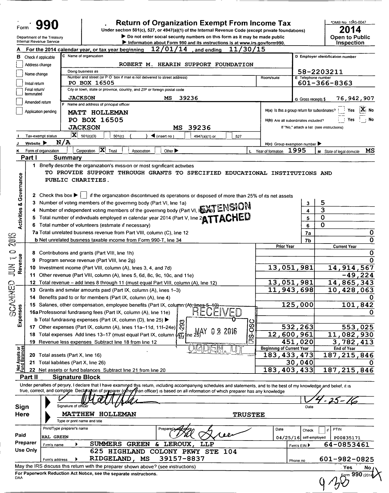 Image of first page of 2014 Form 990 for Robert M. Hearin Support Foundation