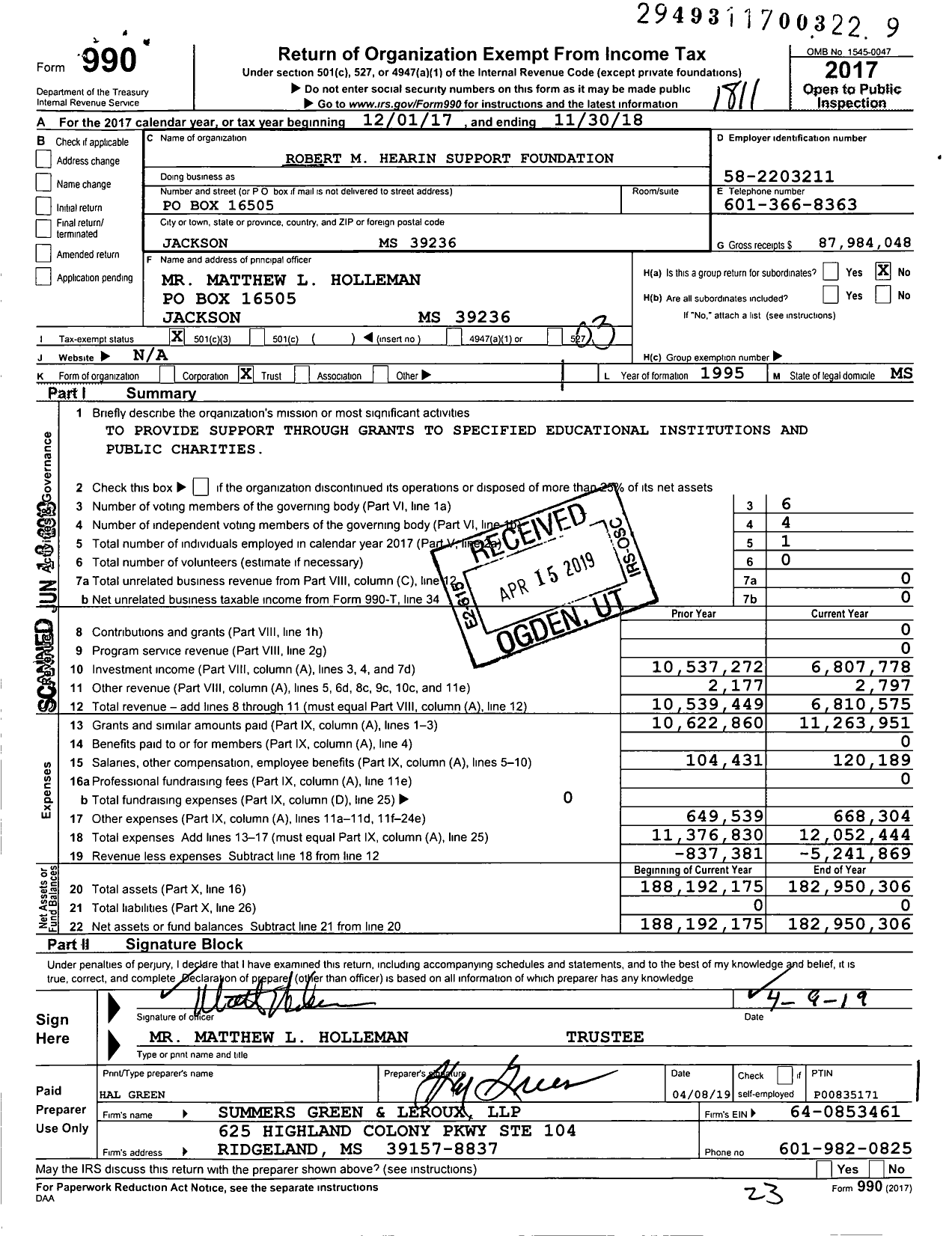Image of first page of 2017 Form 990 for Robert M. Hearin Support Foundation
