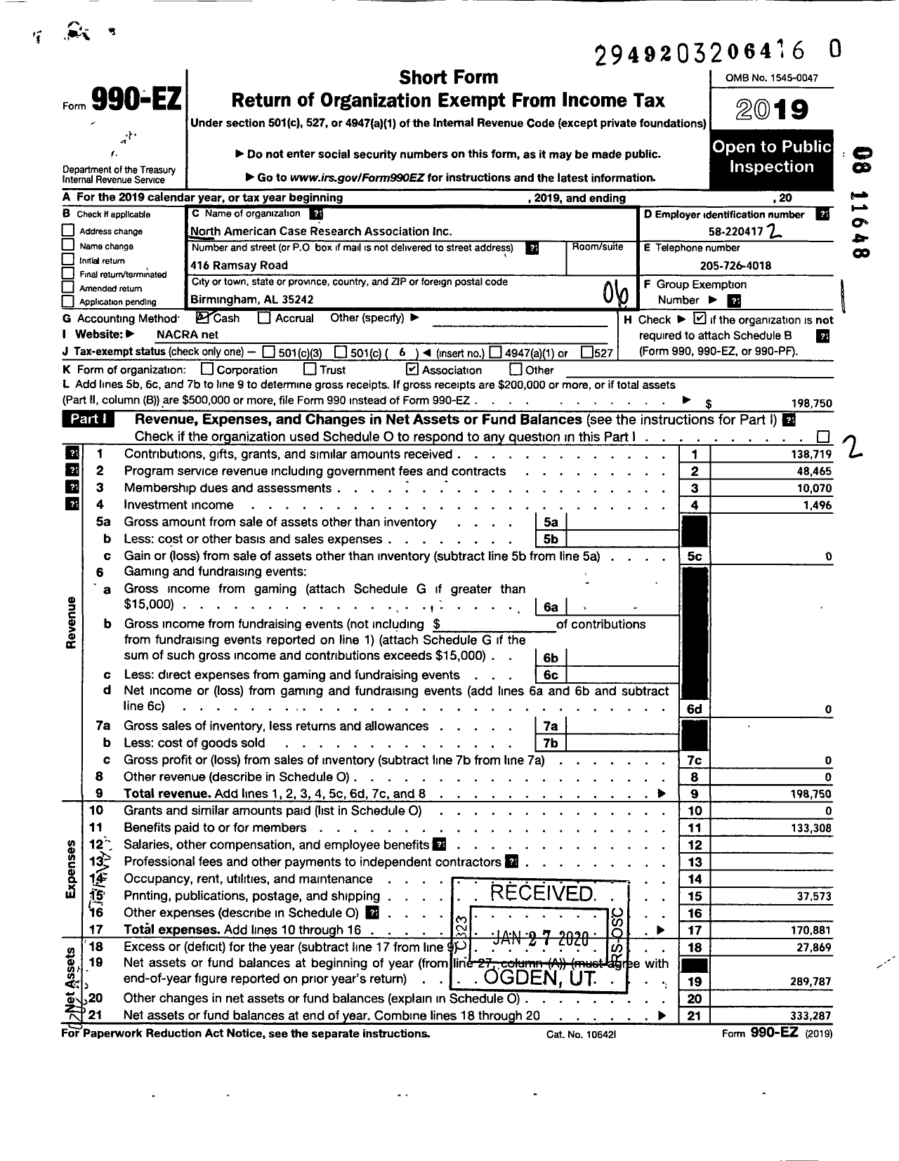 Image of first page of 2019 Form 990EO for North American Case Research Association (NACRA)