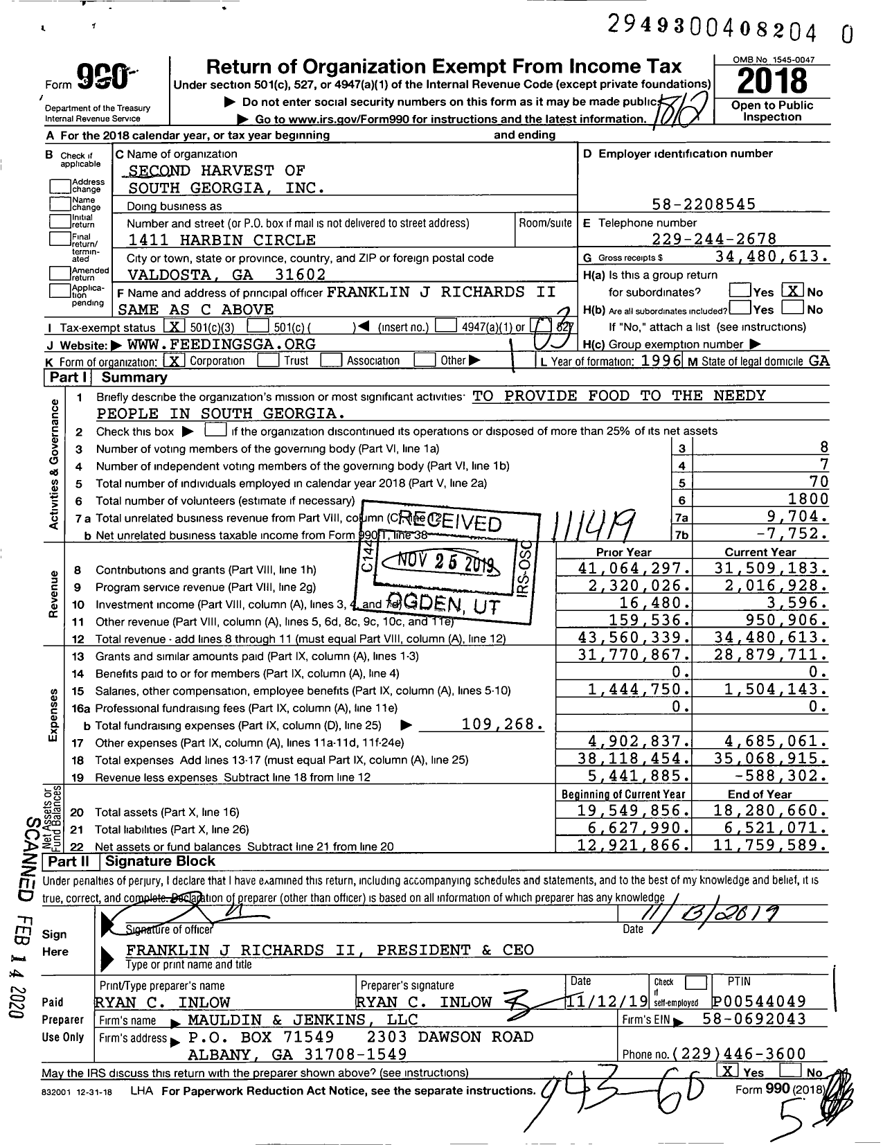 Image of first page of 2018 Form 990 for Second Harvest of South Georgia