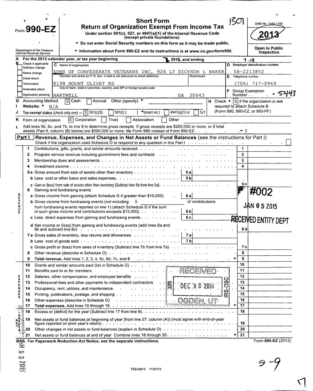 Image of first page of 2012 Form 990EZ for Sons of Confederate Veterans - LT Dickson L Baker Camp 926