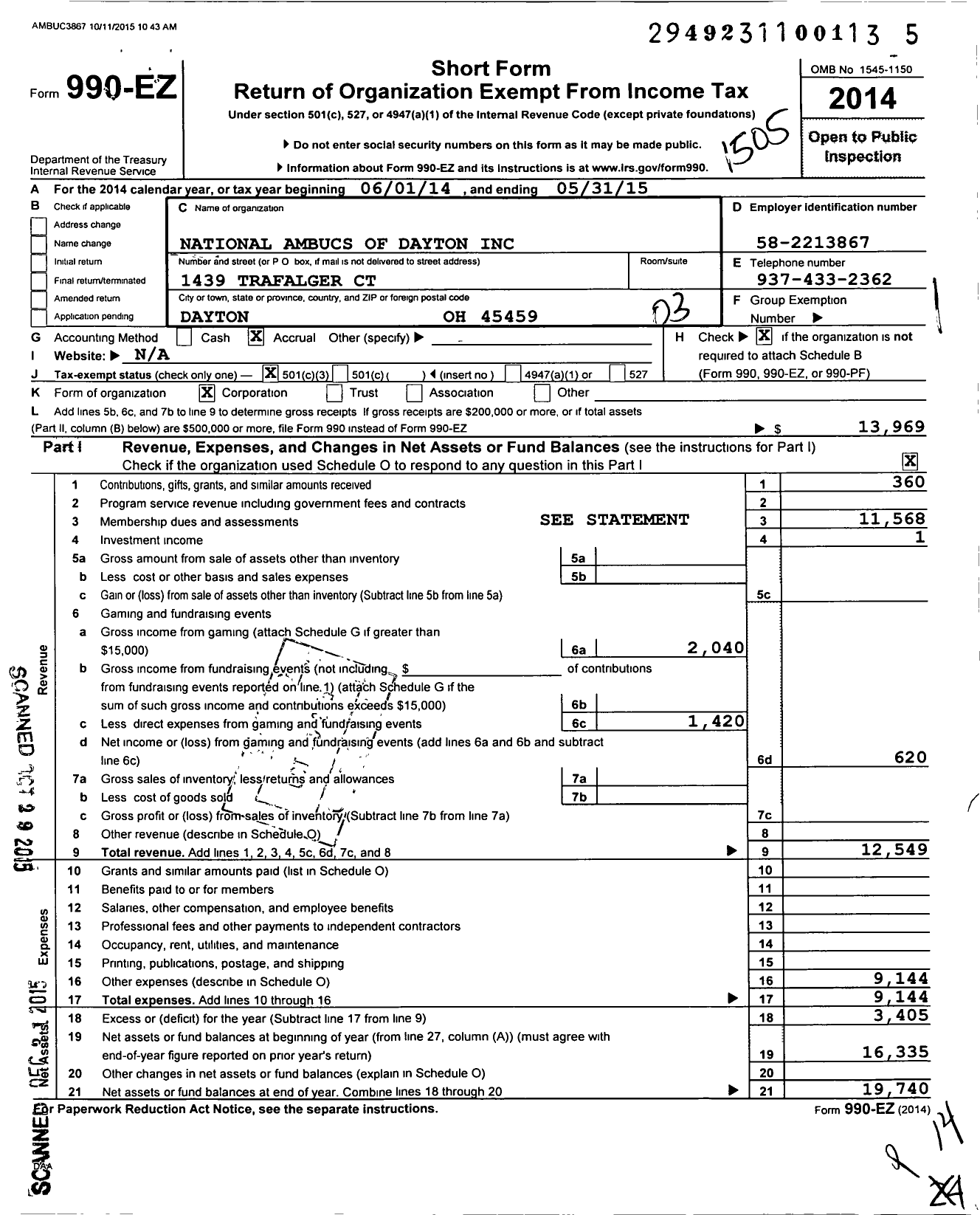 Image of first page of 2014 Form 990EZ for National Ambucs of Dayton