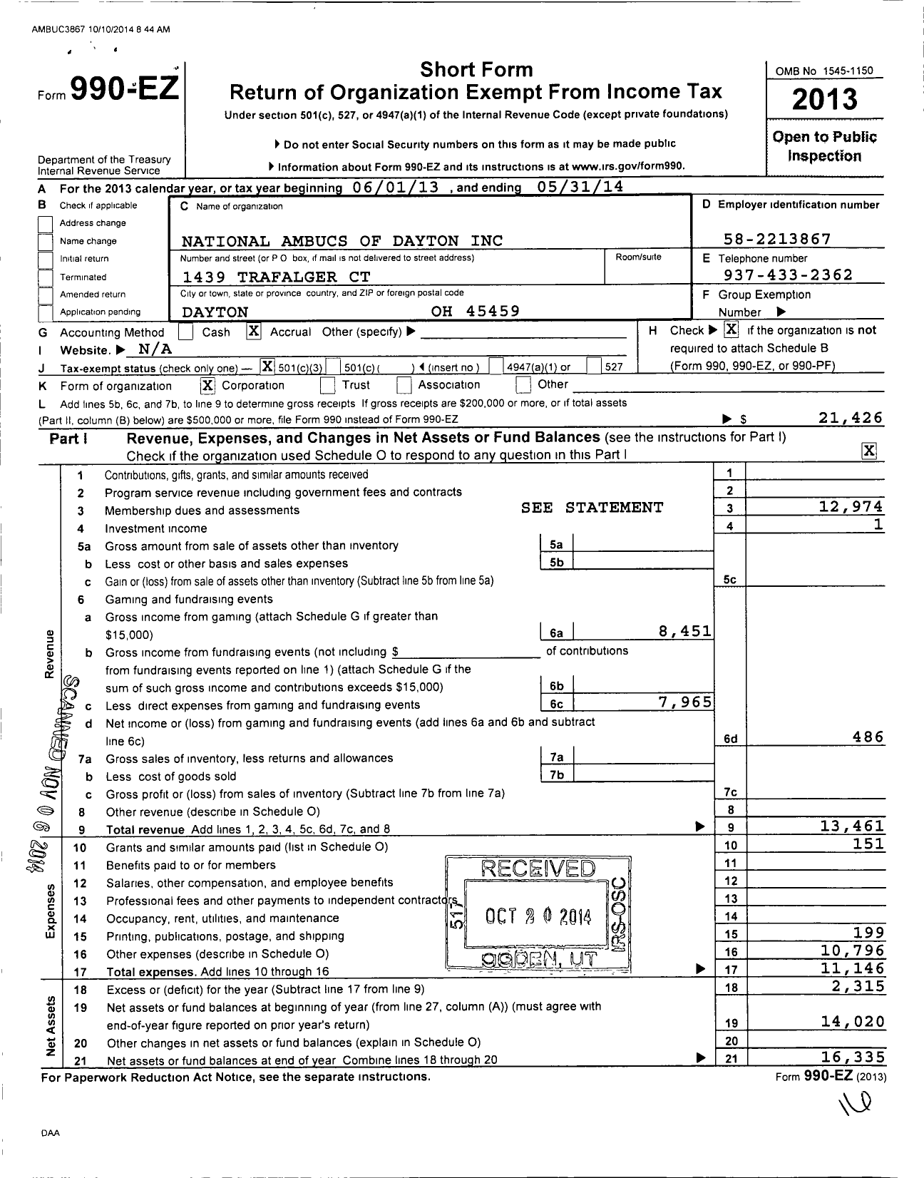 Image of first page of 2013 Form 990EZ for National Ambucs of Dayton