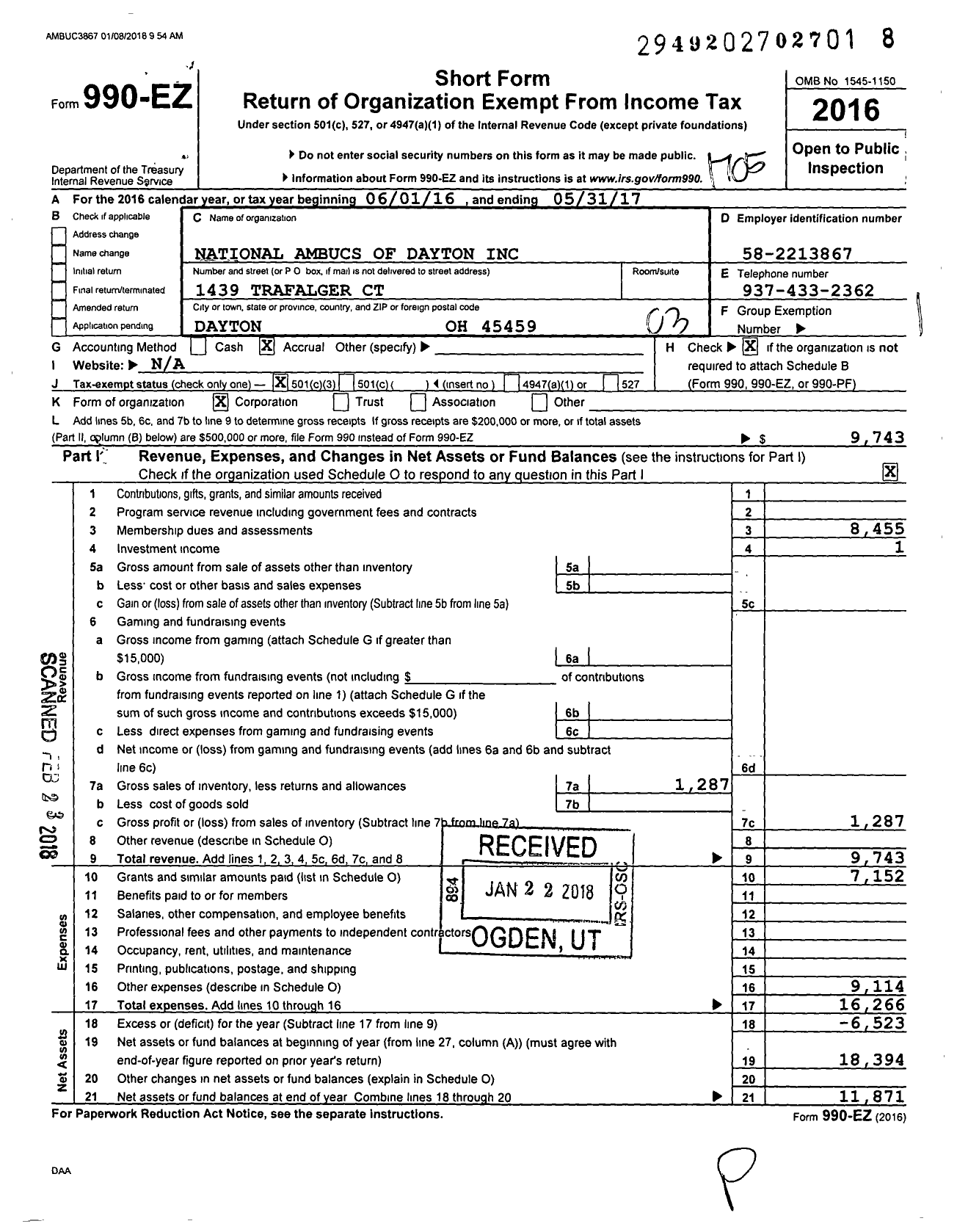 Image of first page of 2016 Form 990EZ for National Ambucs of Dayton