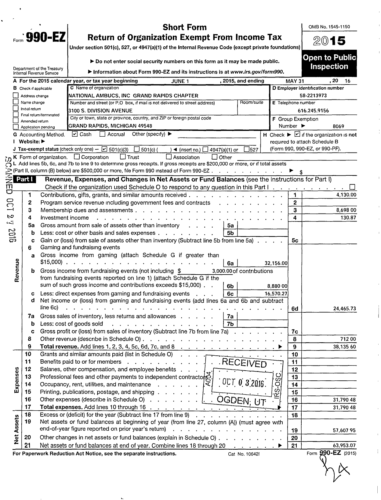 Image of first page of 2015 Form 990EZ for National Ambucs / Grand Rapids Chapter