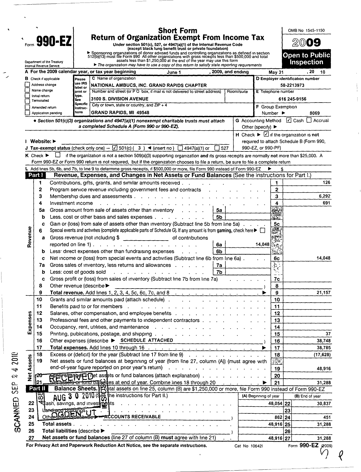 Image of first page of 2009 Form 990EZ for National Ambucs / Grand Rapids Chapter