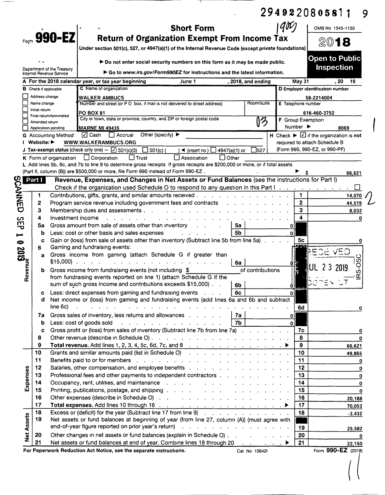 Image of first page of 2018 Form 990EZ for Walker Ambucs
