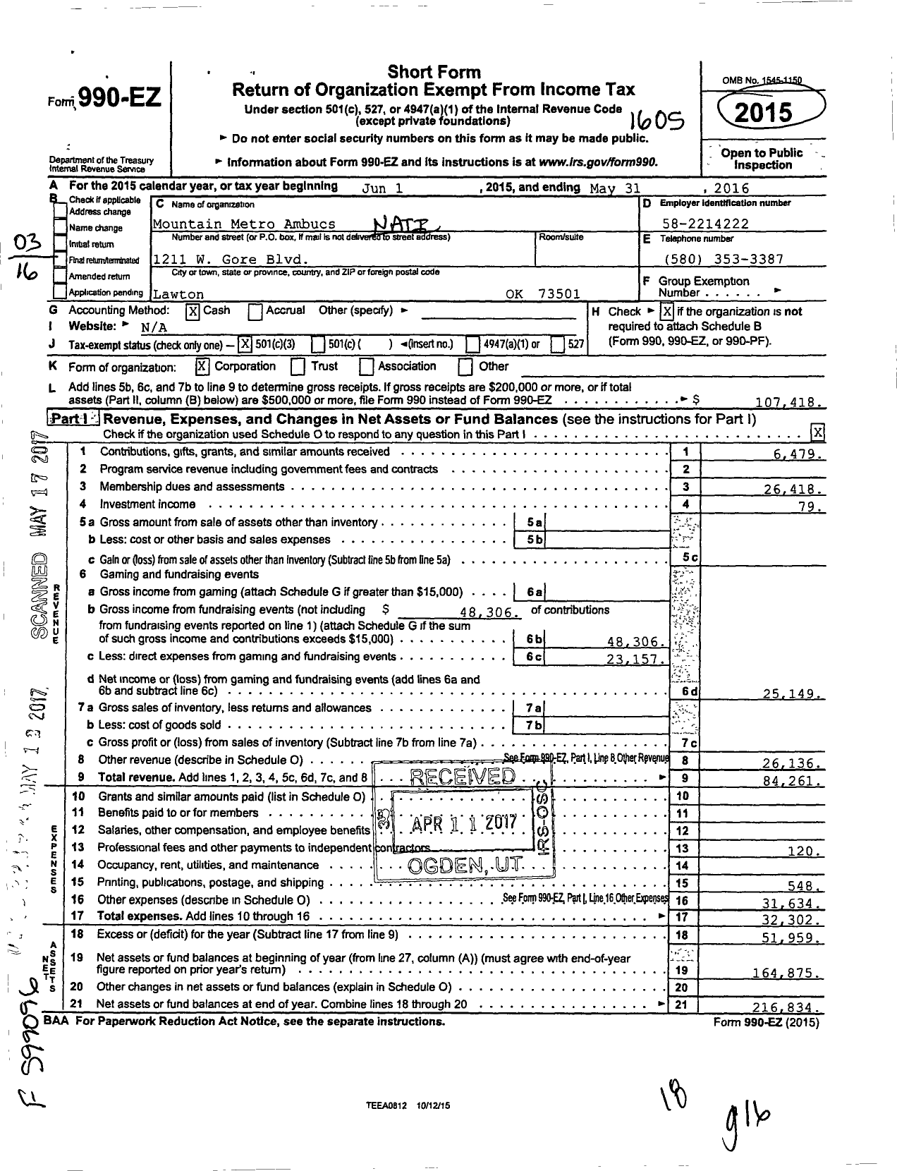Image of first page of 2015 Form 990EZ for Mountain Metro Ambucs