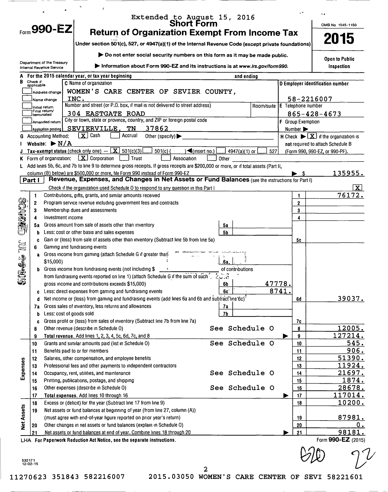 Image of first page of 2015 Form 990EZ for Women's Care Center of Sevier County