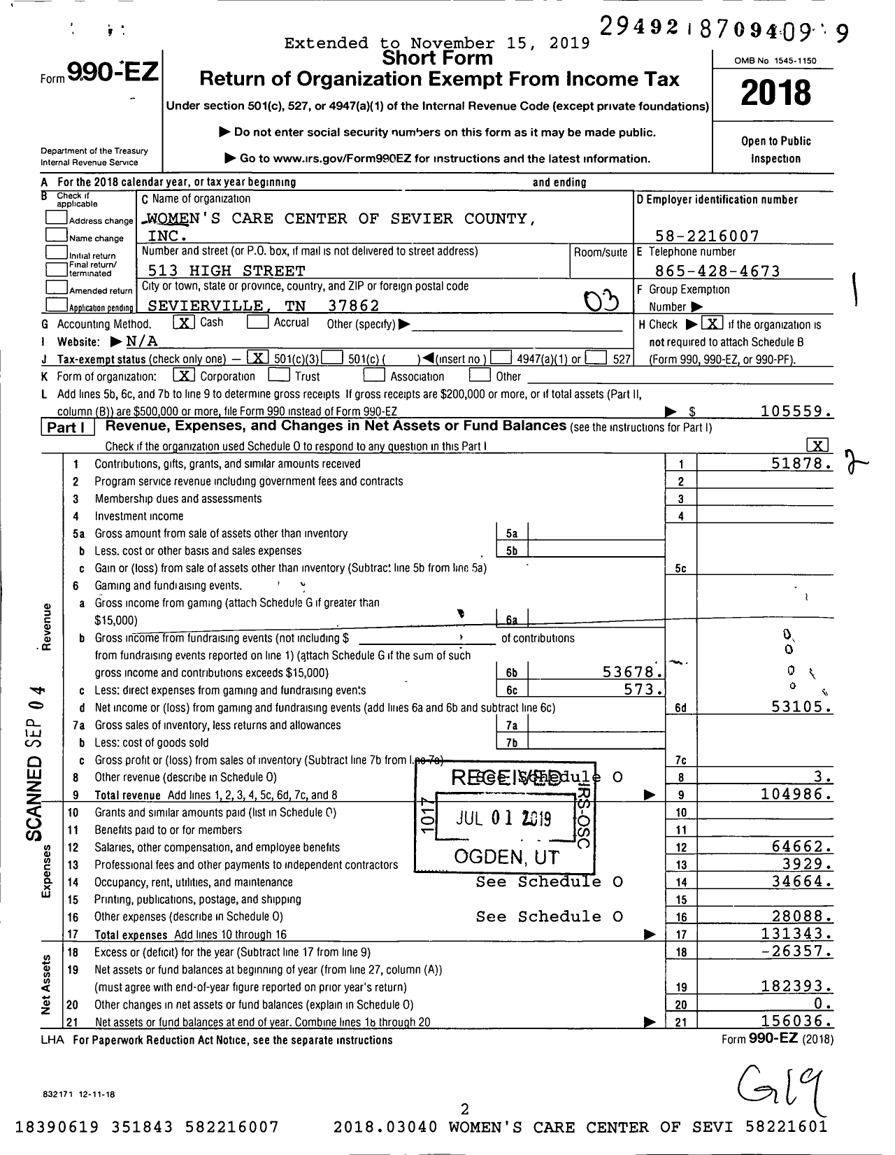 Image of first page of 2018 Form 990EZ for Women's Care Center of Sevier County