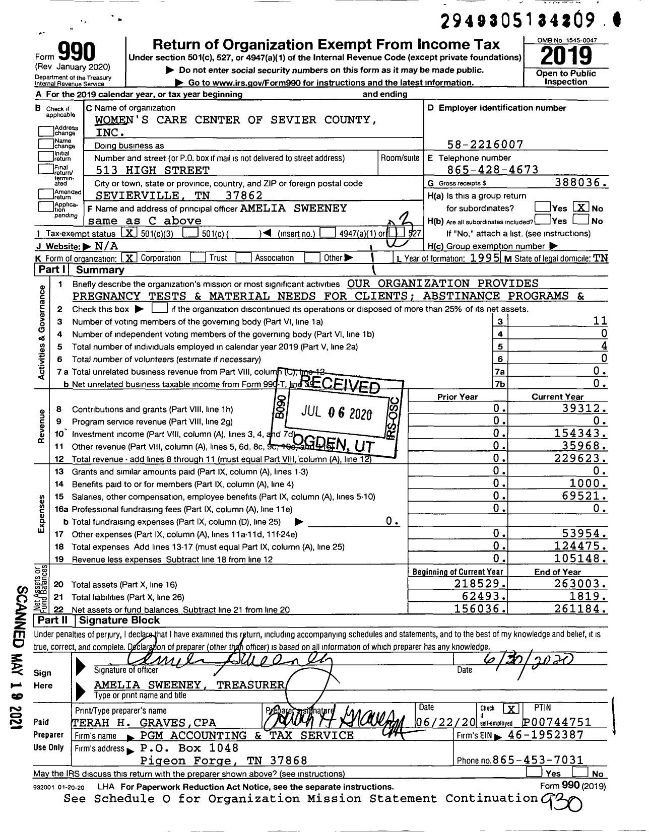 Image of first page of 2019 Form 990 for Women's Care Center of Sevier County