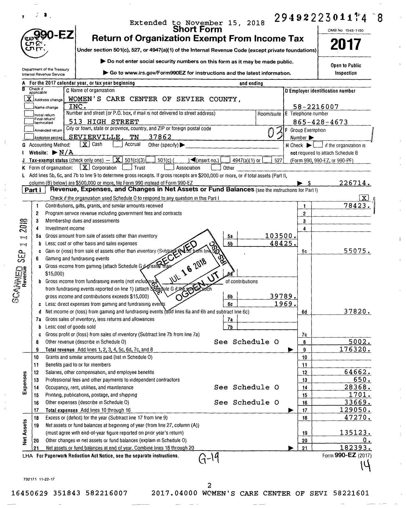 Image of first page of 2017 Form 990EZ for Women's Care Center of Sevier County