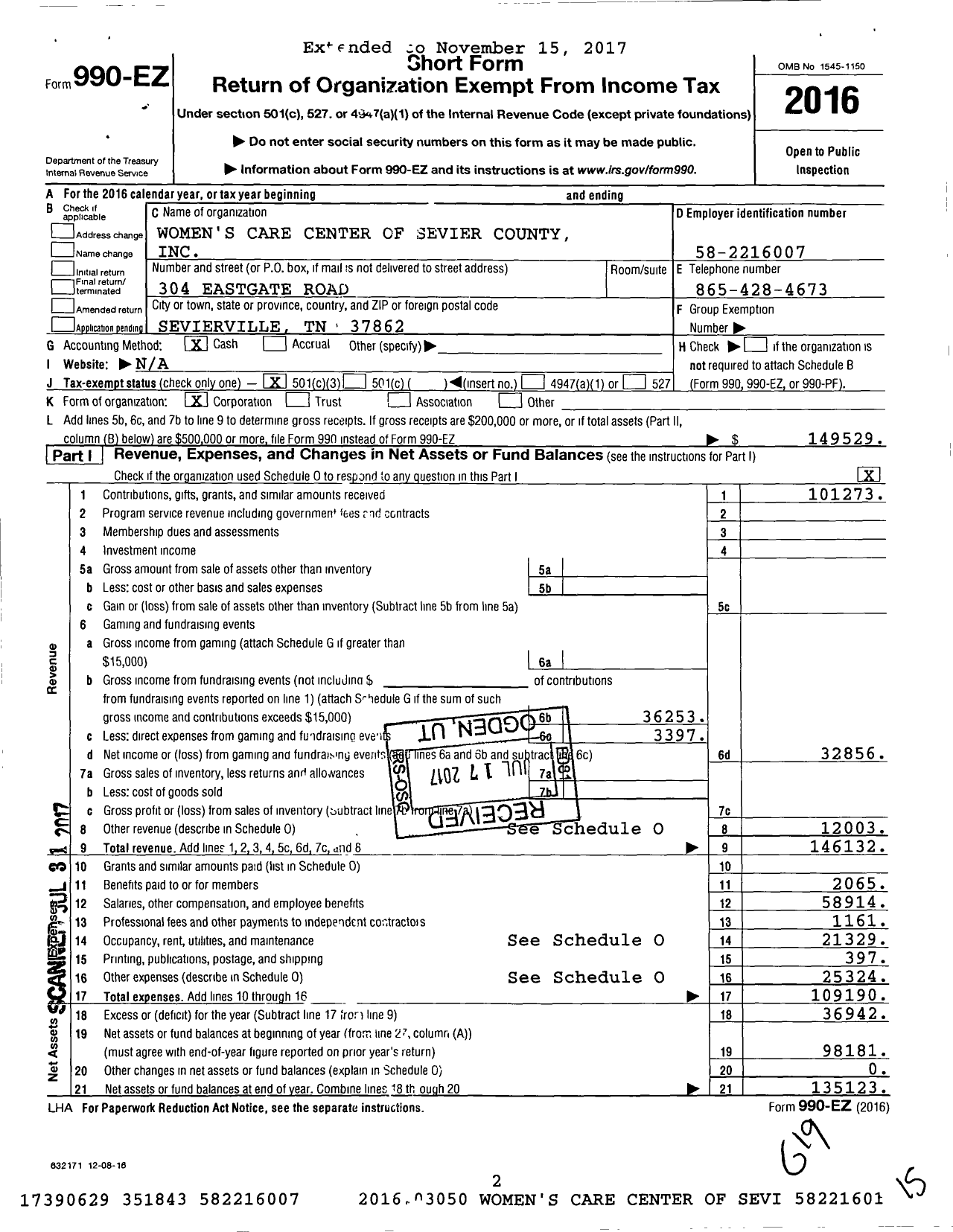 Image of first page of 2016 Form 990EZ for Women's Care Center of Sevier County