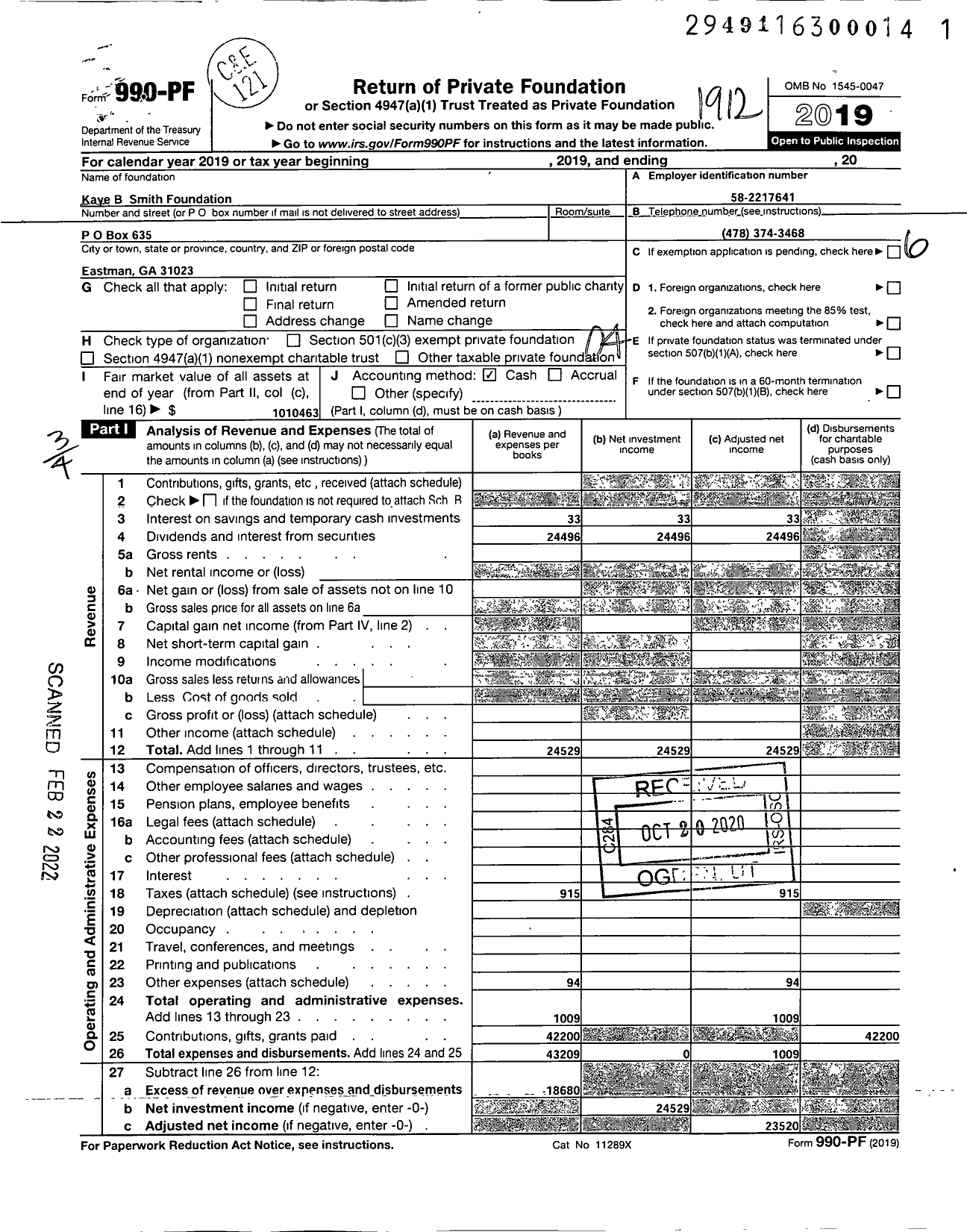 Image of first page of 2019 Form 990PF for Kaye B Smith Foundation