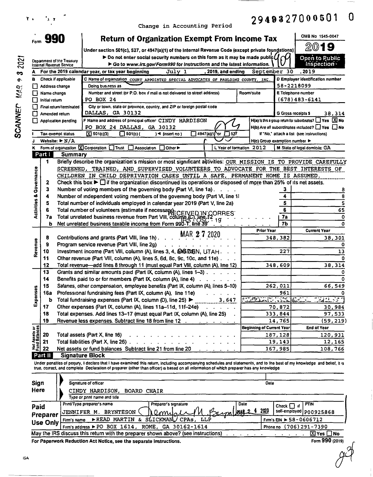 Image of first page of 2018 Form 990 for Court Appointed Special Advocates of Paulding County