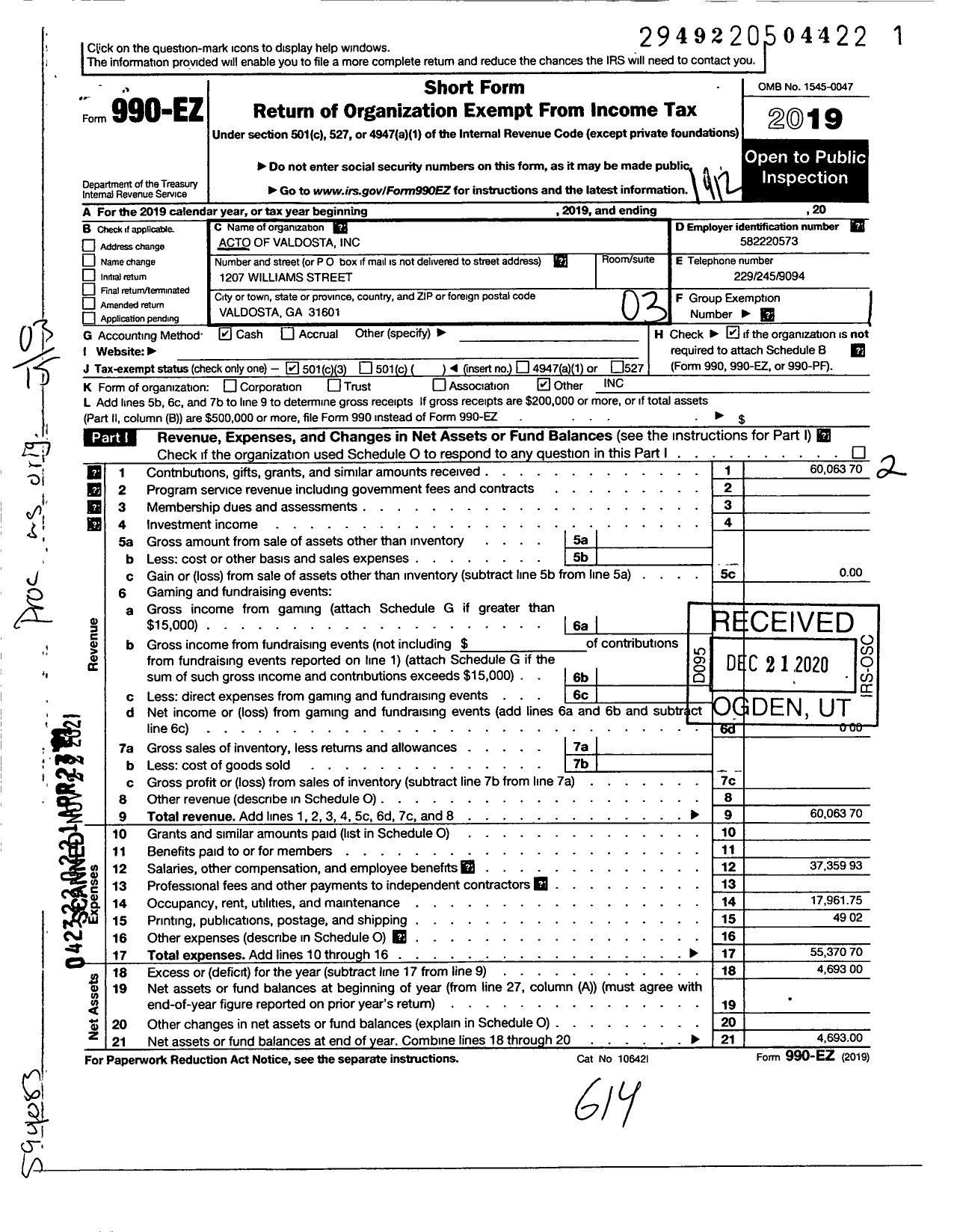 Image of first page of 2019 Form 990EZ for ACTO of Valdosta