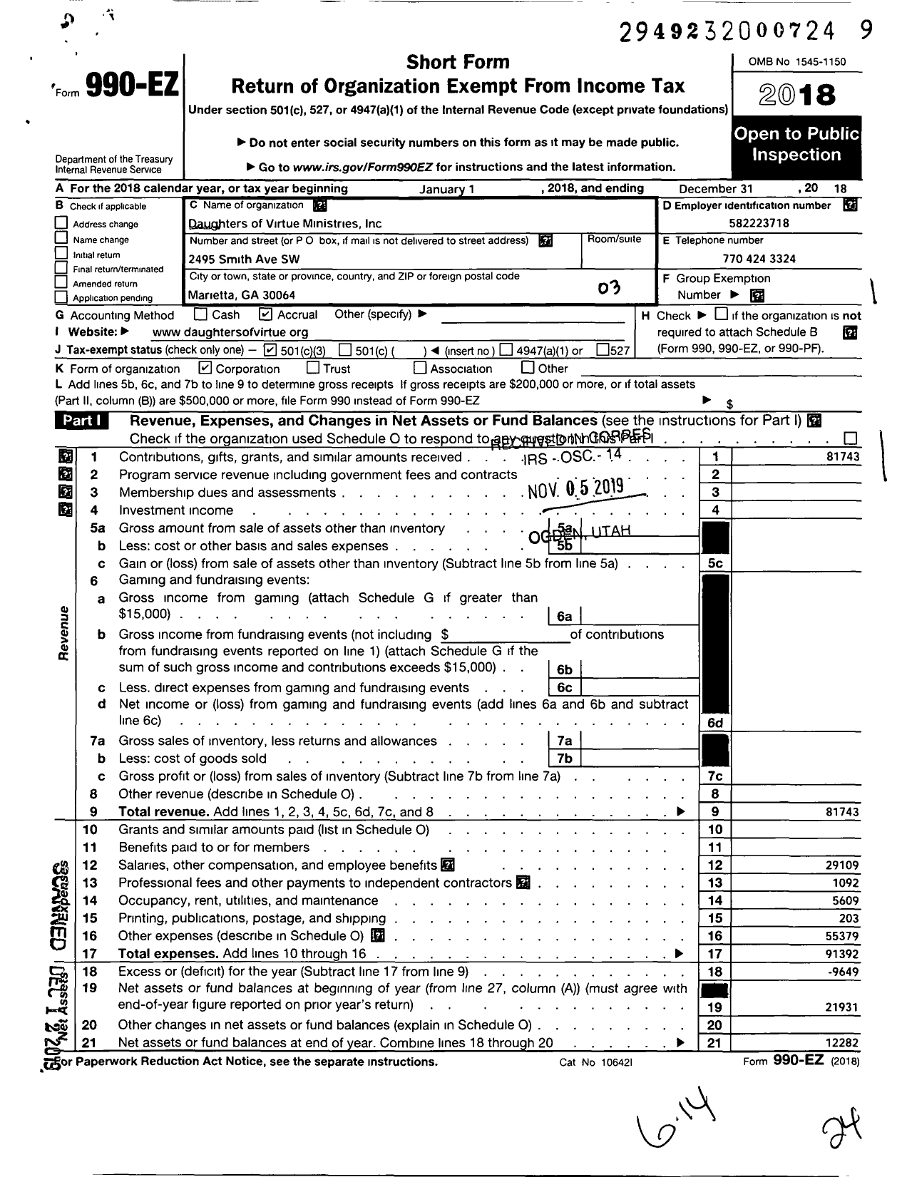 Image of first page of 2018 Form 990EZ for Daughters of Virtue Ministries