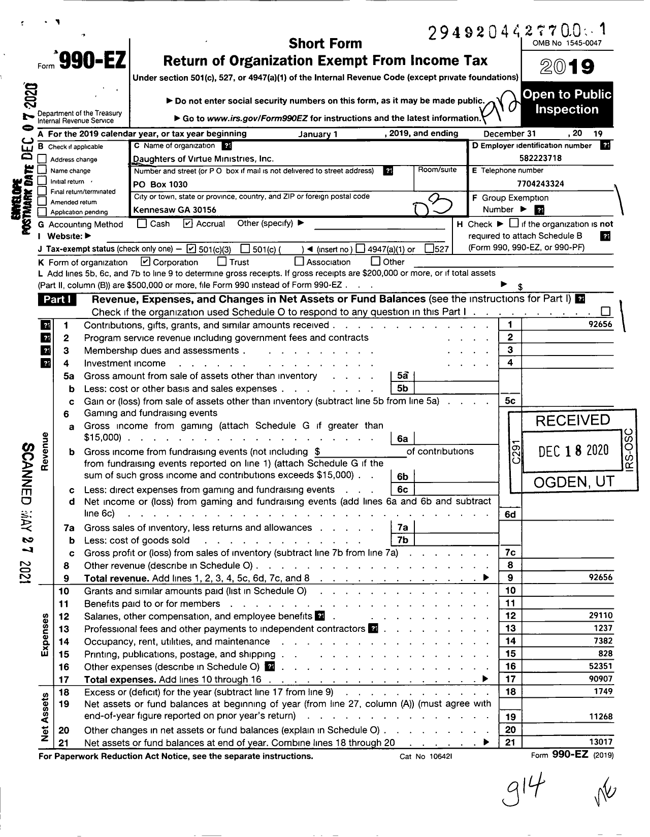 Image of first page of 2019 Form 990EZ for Daughters of Virtue Ministries