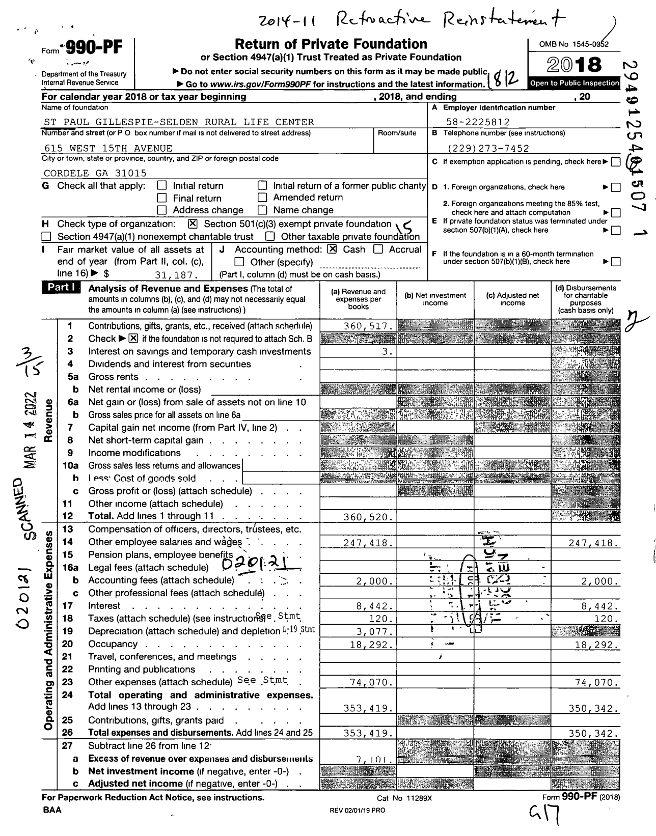 Image of first page of 2018 Form 990PF for St Paul Gillespie-Selden Rural Life Community Center