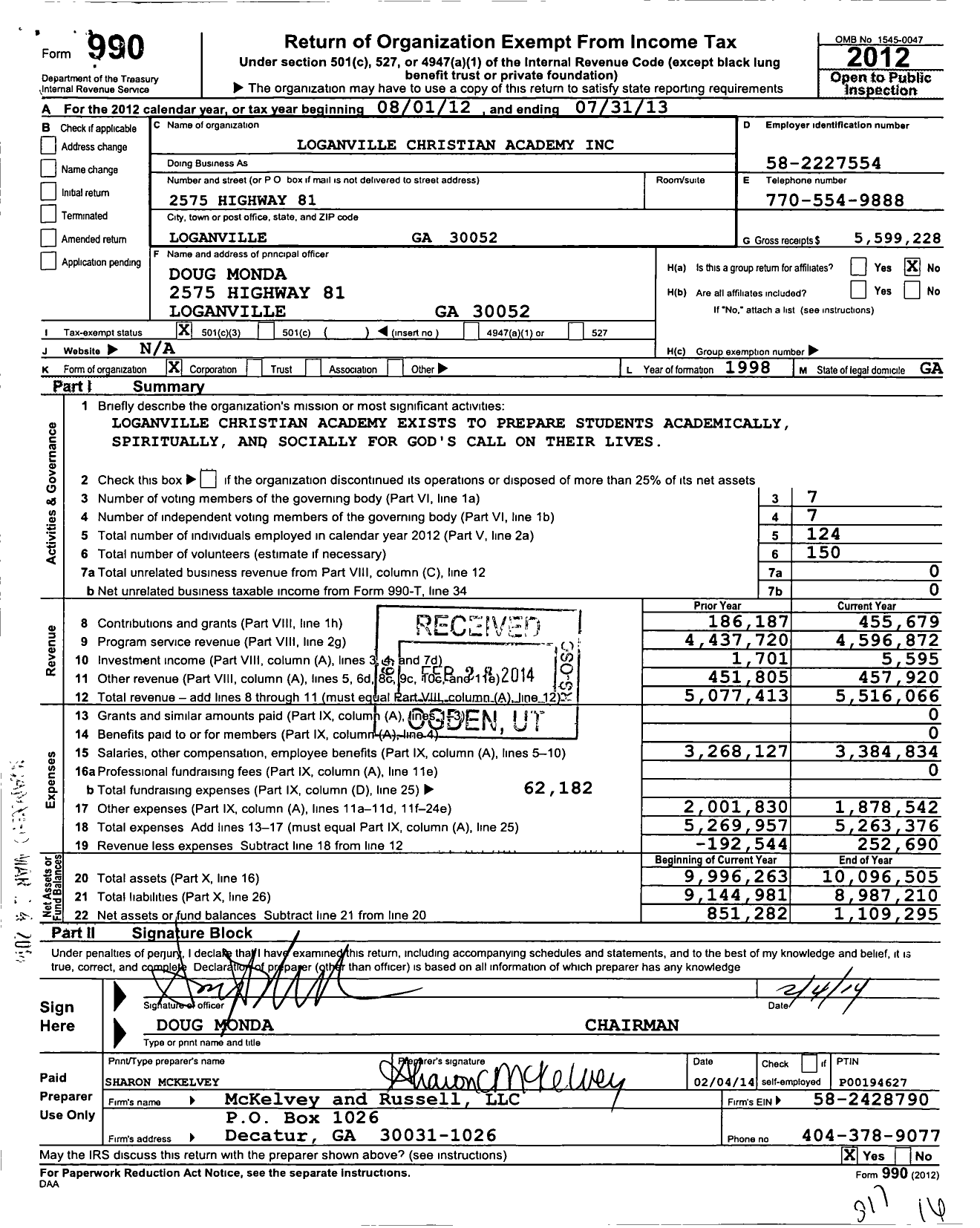 Image of first page of 2012 Form 990 for Loganville Christian Academy
